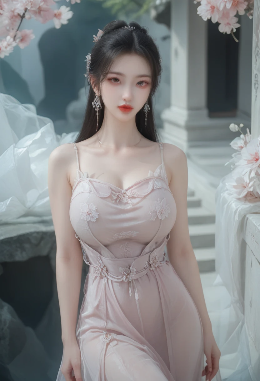 white dress, cleavage, large breasts, dark theme, red lips, mature female, makeup, Big eyes. Pretty eyes, ((Random shooting angles)), (best quality, masterpiece:1.2), ultra-detailed, (realistic:1.37), beautiful, youthful, glamorous model with (detailed eyes, detailed lips, extremely detailed eyes), with white and floral colors, showcasing a radiant smile, slender figure, long legs, creating a breathtaking depiction of a girl, Warm tones, extremely high color saturation, official art, extremely detailed CG unified 8k wallpaper,(High dynamic range :1.4), (cinematic),(soft colors, dull colors, soothing tones :1.3), (natural skin texture, ultra-realistic, soft light, sharp),(very detailed), Pose for a picture lying in bed, elegant pose, attractive pose