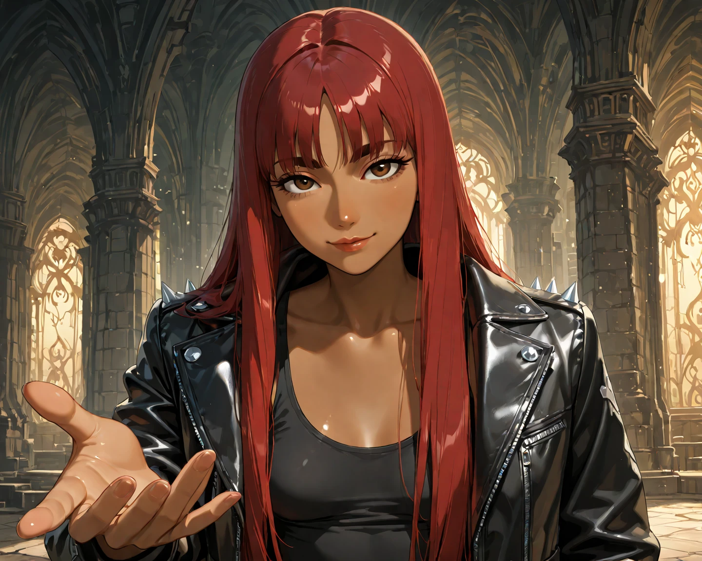 (finely detailed beautiful eyes and detailed face,masterpiece sidelighting,masterpiece,best quality,detailed,high resolution illustration),, (1girl,whole body,bishoujo,lustrous skin,looking down,looking at viewer),, (red hair, grey eyes,ribbon,hanbok, korean clothes), (chain collar) (earings)(clothed_underbust:1.2),underboob