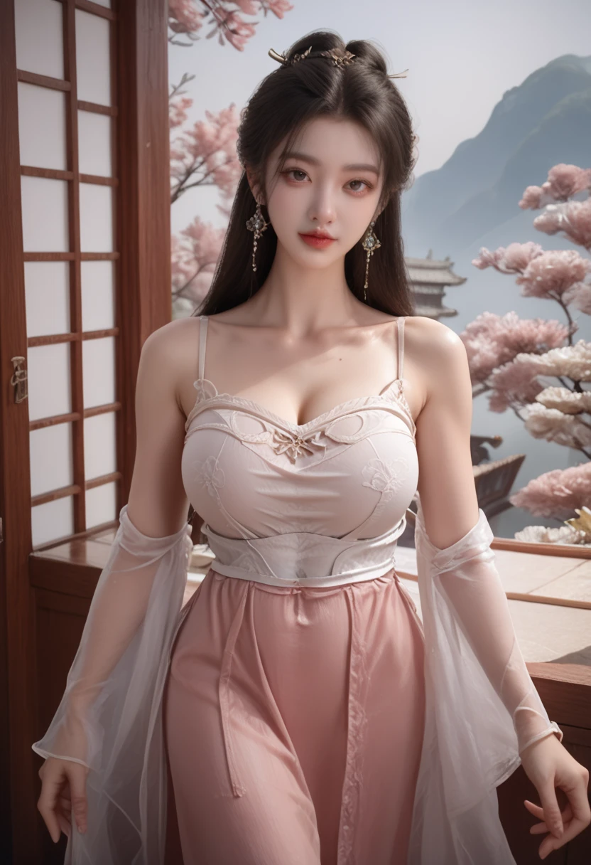 girl,solo,dress,earrings,jewelry,long hair, ancient female chinese clothes,looking at viewer , Chinese dress,brown eyes, black hair, sexy camisole, camisole like a pink see through cloth, revealing full thights and hip and venter, top quality, Masterpiece, Ultra High Resolution, High Definition RAW Color Photos , pro pics, natural skin texture, fine skin, hyperrealism, smiles,Earrings, gigantic breasts, slit dress, camisole, collarless dress