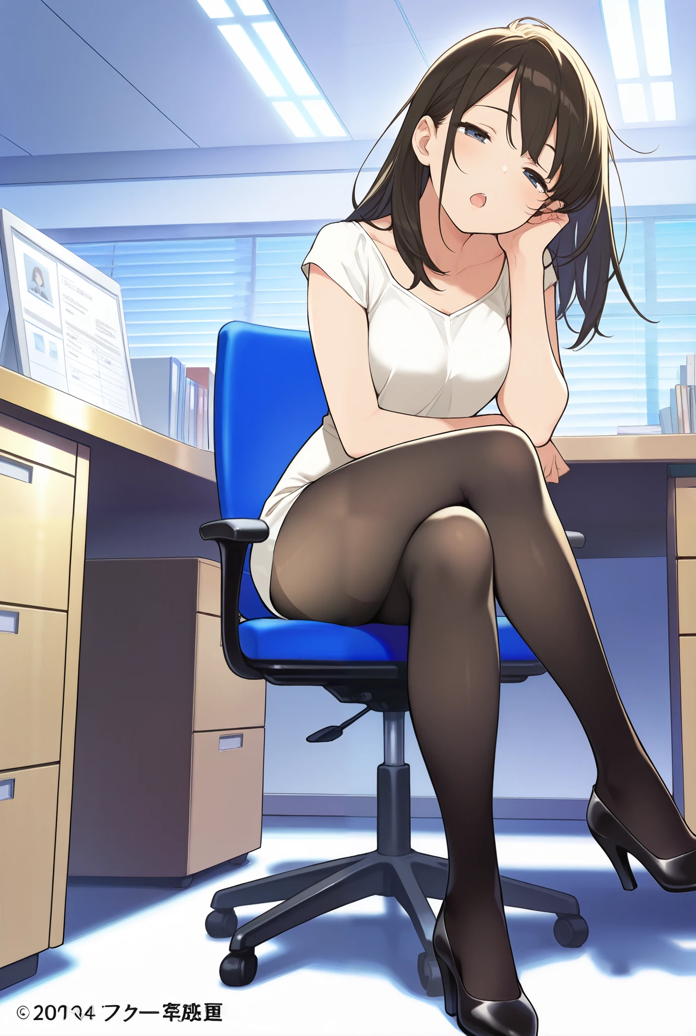 masterpiece, best quality, 1girl, {sleepy:3.0}, {tights:4.0}, black legwear, open mouth,official art, head tilt, high heels, official art, anime, office, sitting, crossed legs