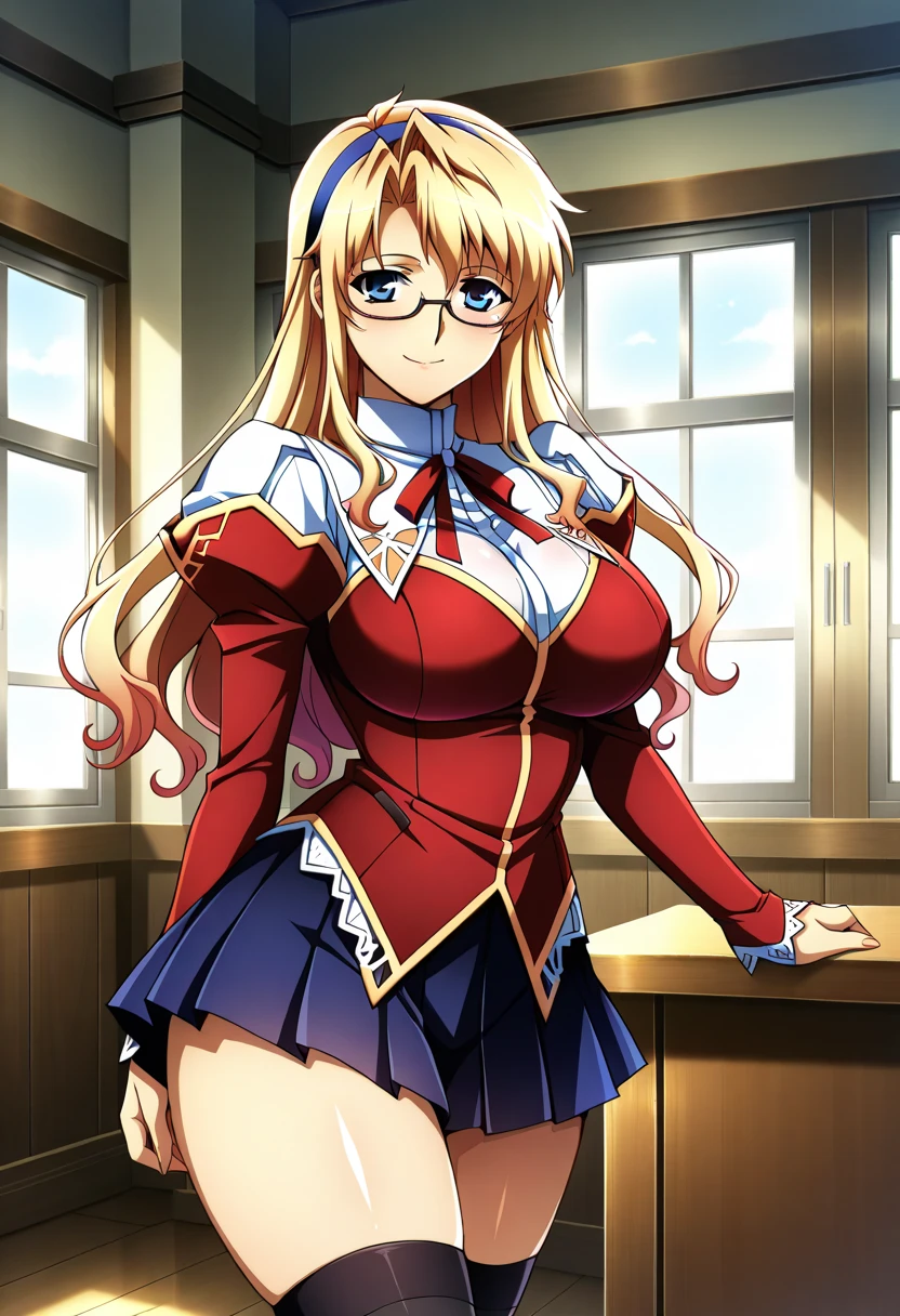 red dress, topless, brown cross-laced footwear, cleavage, black ribbon, clothing cutout, juliet sleeves, white thighhighs, luxury livingroom background, Satellizer L. Bridget, anime cels style, best quality, high resolution, (huge breasts:1.2), cowboy shot, blush, smiling, blonde hair, long hair, blue eyes, semi rimless eyewear, beautiful nipples