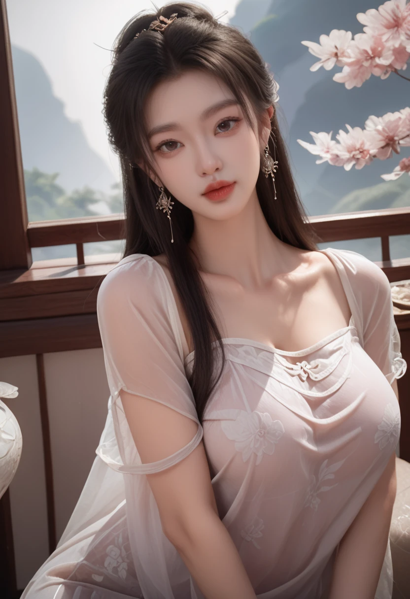 girl,solo,dress,earrings,jewelry,long hair, ancient female chinese clothes,looking at viewer , Chinese dress,brown eyes, black hair, sexy camisole, camisole like a pink see through cloth, revealing full thights and hip and venter, top quality, Masterpiece, Ultra High Resolution, High Definition RAW Color Photos , pro pics, natural skin texture, fine skin, hyperrealism, smiles,Earrings, gigantic breasts, slit dress, camisole, collarless dress