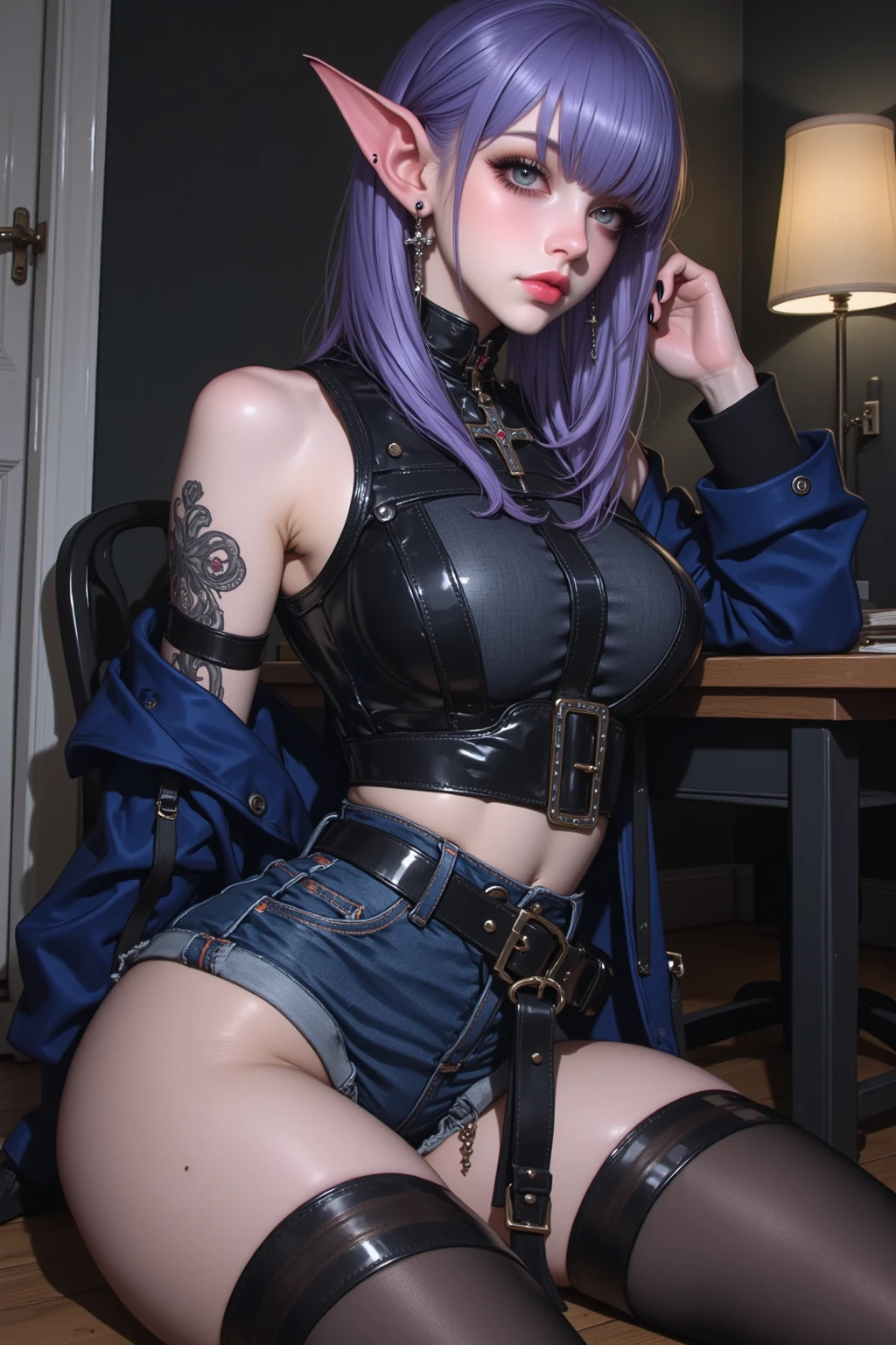 (((of the highest quality: 1.4))),(unparalleled masterpiece ever), (Ultra high definition),(Ultra-realistic 8K CG), offcial art、 (((adult body, accentuated super huge enormously gigantic breasts, deep cleavage showing))), (((1girl in))), ((( very long hair in pigtails ))), Punk girl with a perfect body, leather corset thigh high boots and mini thong with lots of straps buckles and zippers,Beautiful and well-groomed face,Fancy makeup,Detailed harajuku punk fashion, leather corset thigh high boots and mini thong, (Image from head to thigh, sitting spreading her legs open),((Platinum purple hair )), Harajuku-inspired hooded jacket, Simon Bisley's urban savage style,Detailed street background of luxurious bedroom,Clean abs, Complex graphics, dark pink with white stars and gray and white stripeany poisonous tattoos )), piercings,
