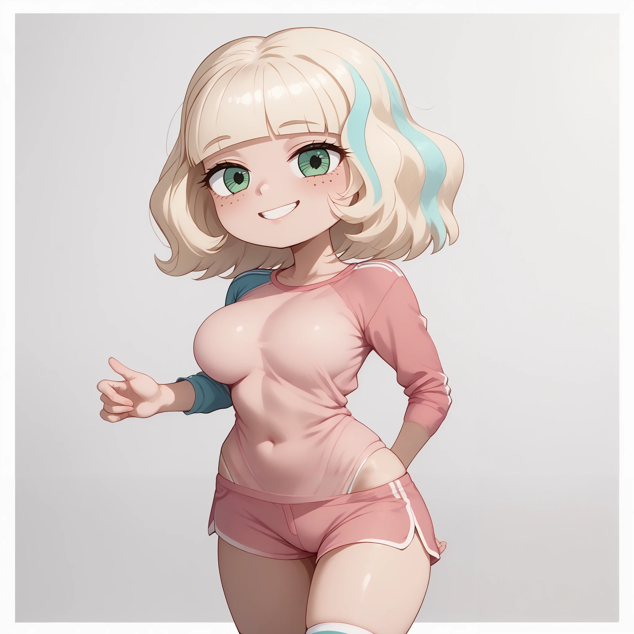 highly detailed skin texture, finely detailed hair, perfect face, perfect body, perfect hair, perfect anatomy, portrait, dynamic angle, wide view, wide-angle lens,, extremely detailed, CG, 8k Amazing, finely detail)), (intricate details, depth of field), 8k UHD, (masterpiece, best quality),(amazing quality,very aesthetic,absurdres,best quality,newest, masterpiece)), ultra detailed, best quality, beautiful face, perfect anatomy, anatomically correct, athletic sexy body, Expressiveh, (cute face, cute body))), (((Jackie Lynn Thomas,1girl,solo,short hair,blonde hair,shirt,long sleeves,green eyes,white shirt,shorts,medium hair,kneehighs,freckles,blue tight shorts,raglan sleeves, high wasted thong), cowboy shot, bursting breasts))), ((large breasts, slim sexy body, curvy hips, seductive pose, flirting, naughty face, blush)), (((looking at viewer, happy smile, joy, cowboy shot, dynamic pose)))), curvy, toned, athletic, standing, arms up, (((seductive pose, sexy pose, cowboy pose)), indoors,((hourglass figure)), ((pinup pose, seductive pose,dynamic pose, seductive), ((precise face and eyes:1))