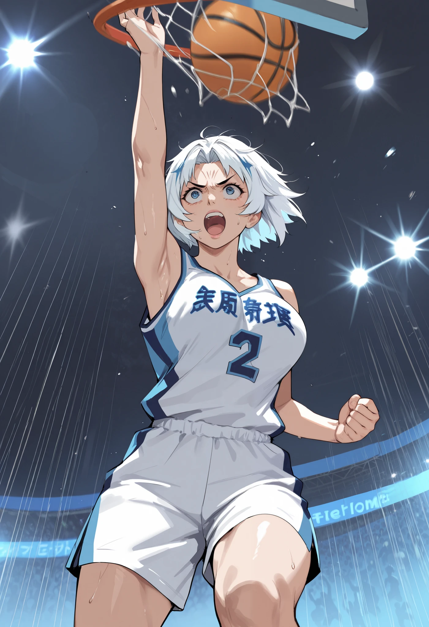 A female basketball player making a game-winning slam dunk in the final moments of a match. She leaps with full force, powerfully slamming the basketball into the hoop. Her face shows a triumphant smile, confident of victory. Her uniform is wrinkled and slightly disheveled from intense movement, and sweat causes strands of hair to stick to her forehead. The scene captures the dramatic, high-energy moment in a dynamic, realistic style