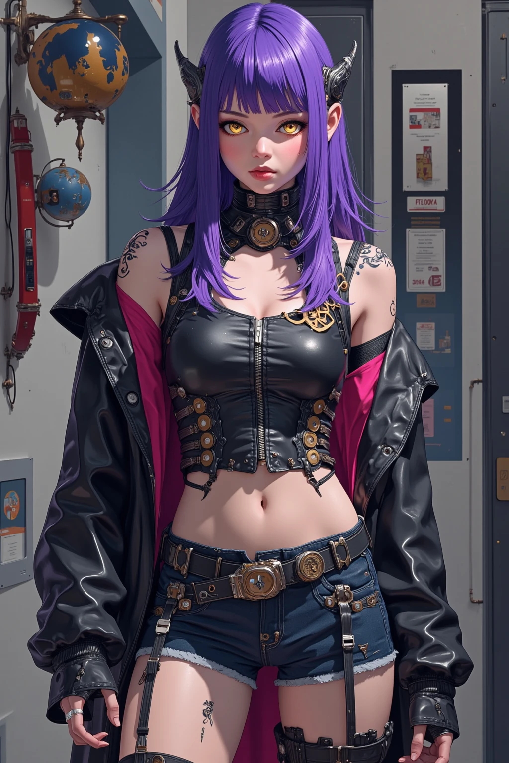 personagem anime de uma soldado feminina com uma arma e um desenho de uma mulher com rosto com queixo fino, nariz fino e olhos grandes, e um rosto oval meio redondo, Ela parece uma mistura de Grimes, parece uma mistura de grimes, assemelhando-se a uma mistura de grimes, parece uma mistura de grimes, 19 anos, androgynous person, piercings e um moicano, short purple hair with messy undercut, brincos enormes, Cords and queer makeup, acid pixie, Molly do romance Neuromancer,