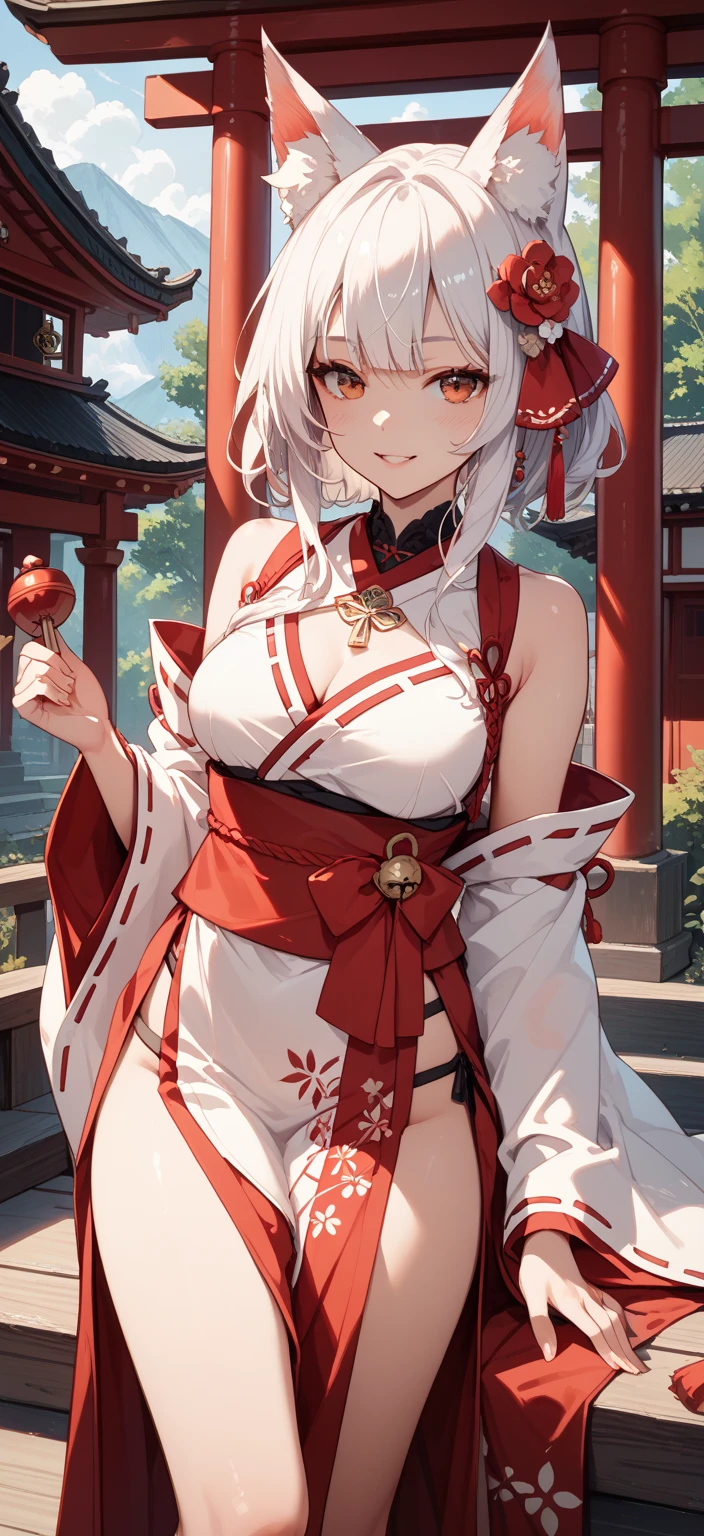 1girl, bangs, bare shoulders, bikini, blush, breasts, breasts apart, chinese clothes, closed mouth, covered nipples, detached sleeves, dress, grey hair, hair between eyes, hand fan, holding, holding fan, horns, lantern, looking at viewer, kinu \(azur lane\), medium breasts, oni horns, paper lantern, pelvic curtain, red horns, revealing clothes, see-through, sitting, solo, swimsuit, tassel, thighs, white bikini, white hair, yellow eyes