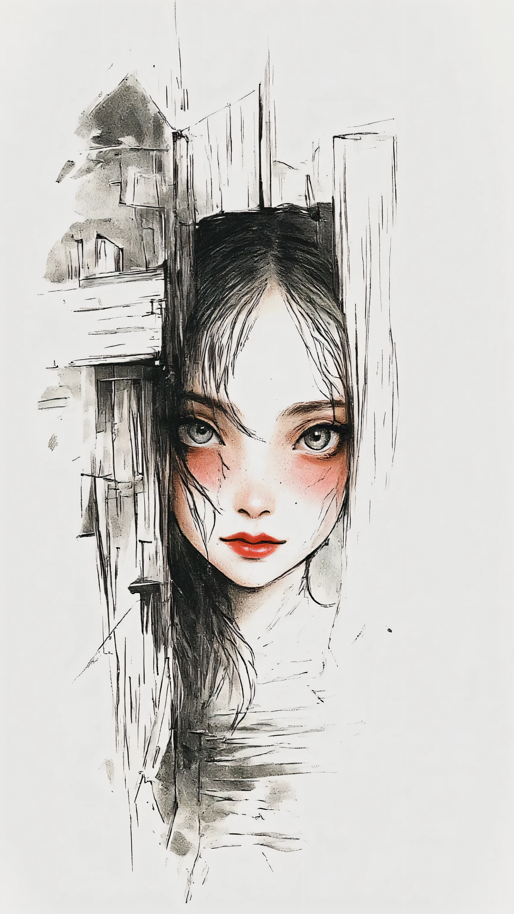 master piece:1.5、(minimal art, line drawing), woman、Black and white art:1.2、lips are red、Black and white world、silence、An ennui look、Densely drawn