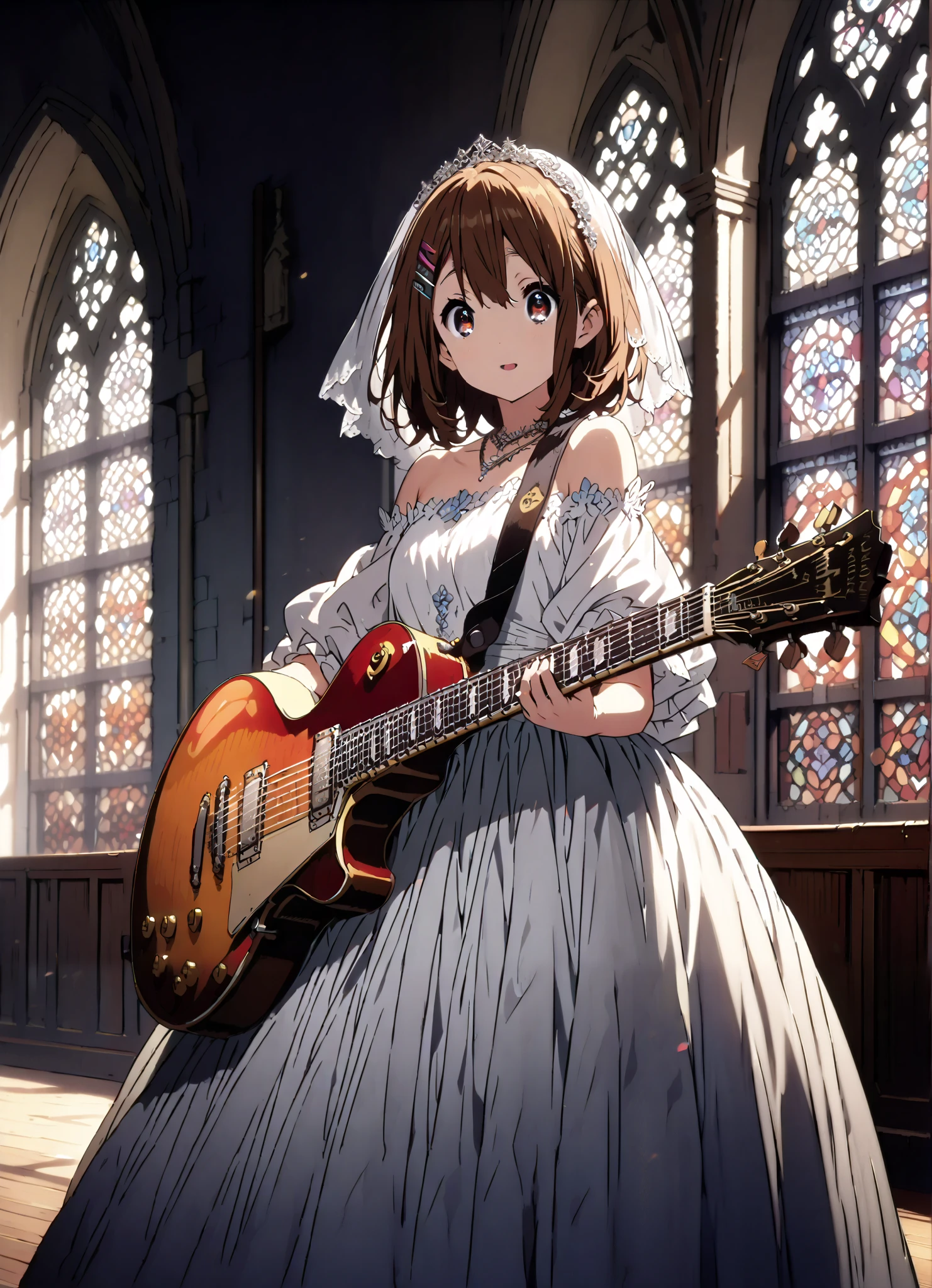 Plane, Plane, brown eyes, brown hair, hair ornament, hair clips, medium hair,Veil,necklace,Off Shoulder Wedding Dress,wedding long skirt,guitar( Gibson Les Paul) , Instrument playing, Stage Performance ,Sing in front of the microphone, Play in front of the microphone,is standing,smile,cover,open your mouth wide,stained glass,full bodyがillustrationsに入るように,break indoors,Chapel,church,
break looking at viewer,full body,
break (masterpiece:1.2), Highest quality, high resolution, Unity 8k 壁紙, (illustrations:0.8), (beautiful detailed eyes:1.6), very detailed face, so that it fits into the illustration, extremely detailed CG,(perfect hand, perfect anatomy),