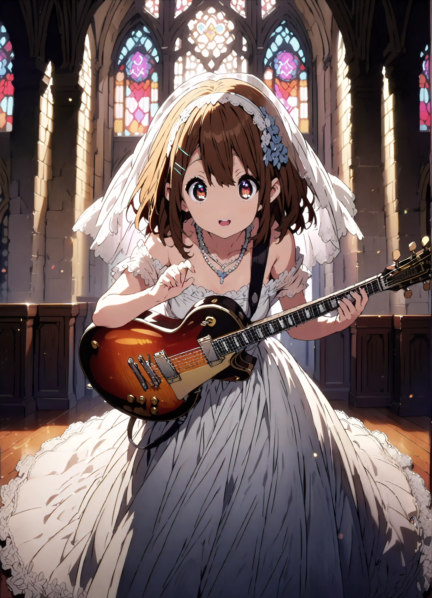 Plane, Plane, brown eyes, brown hair, hair ornament, hair clips, medium hair,Veil,necklace,Off Shoulder Wedding Dress,wedding long skirt,guitar( Gibson Les Paul) , Instrument playing, Stage Performance ,Sing in front of the microphone, Play in front of the microphone,is standing,smile,cover,open your mouth wide,stained glass,full bodyがillustrationsに入るように,break indoors,Chapel,church,
break looking at viewer,full body,
break (masterpiece:1.2), Highest quality, high resolution, Unity 8k 壁紙, (illustrations:0.8), (beautiful detailed eyes:1.6), very detailed face, so that it fits into the illustration, extremely detailed CG,(perfect hand, perfect anatomy),