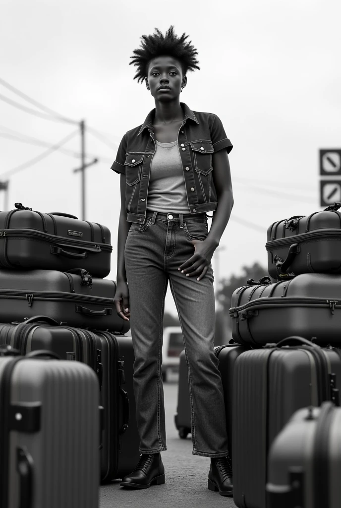 Realistic paint. A beautiful African woman with a long straight hair wearing a white shirt and a black jean trouser revealing her hips and a black jean jacket holding a black suitcase and a black handbag standing on near the express road looking for a car