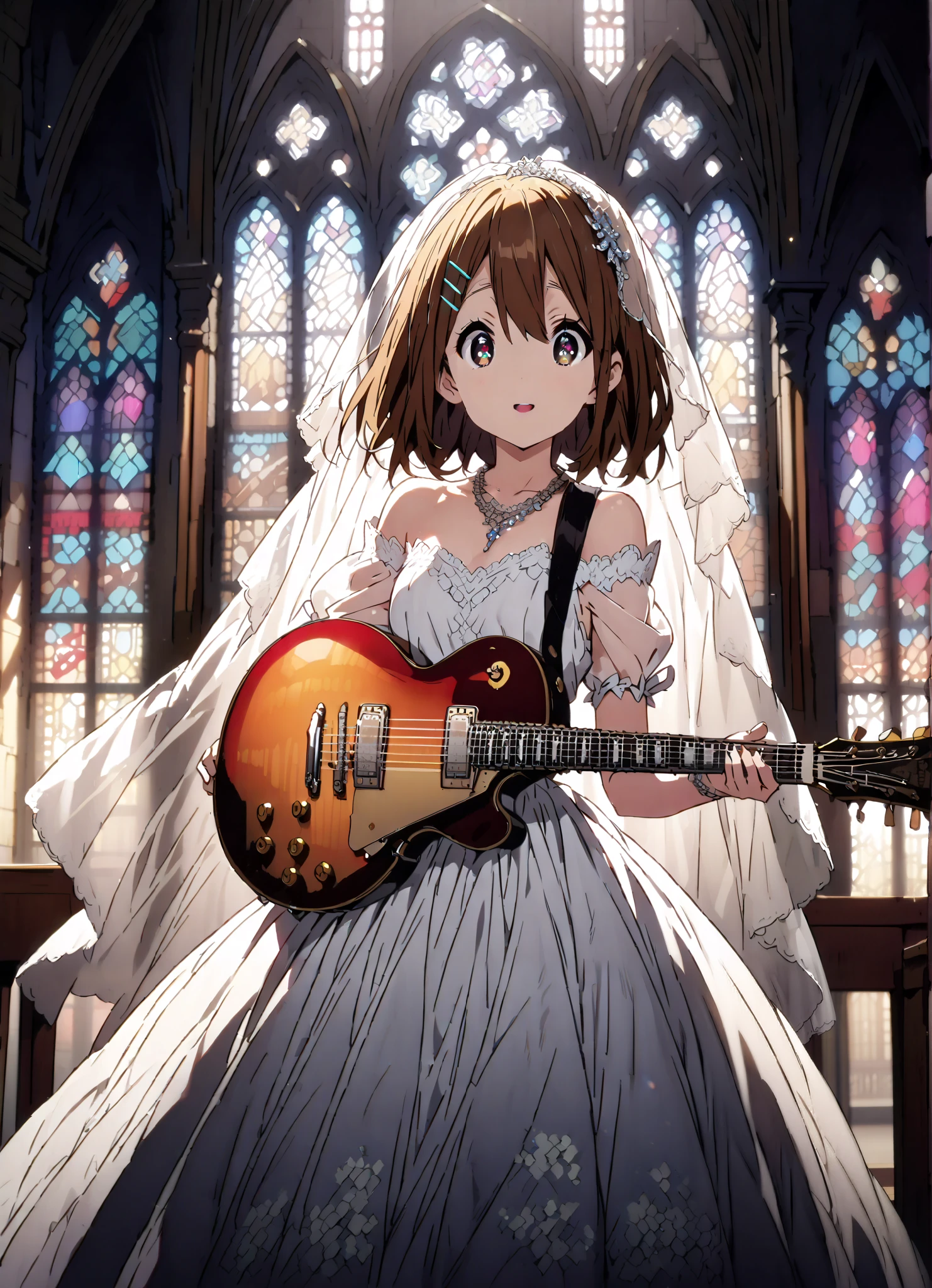 Plane, Plane, brown eyes, brown hair, hair ornament, hair clips, medium hair,Veil,necklace,Off Shoulder Wedding Dress,wedding long skirt,guitar( Gibson Les Paul) , Instrument playing, Stage Performance ,Sing in front of the microphone, Play in front of the microphone,is standing,smile,cover,open your mouth wide,stained glass,full bodyがillustrationsに入るように,break indoors,Chapel,church,
break looking at viewer,full body,
break (masterpiece:1.2), Highest quality, high resolution, Unity 8k 壁紙, (illustrations:0.8), (beautiful detailed eyes:1.6), very detailed face, so that it fits into the illustration, extremely detailed CG,(perfect hand, perfect anatomy),