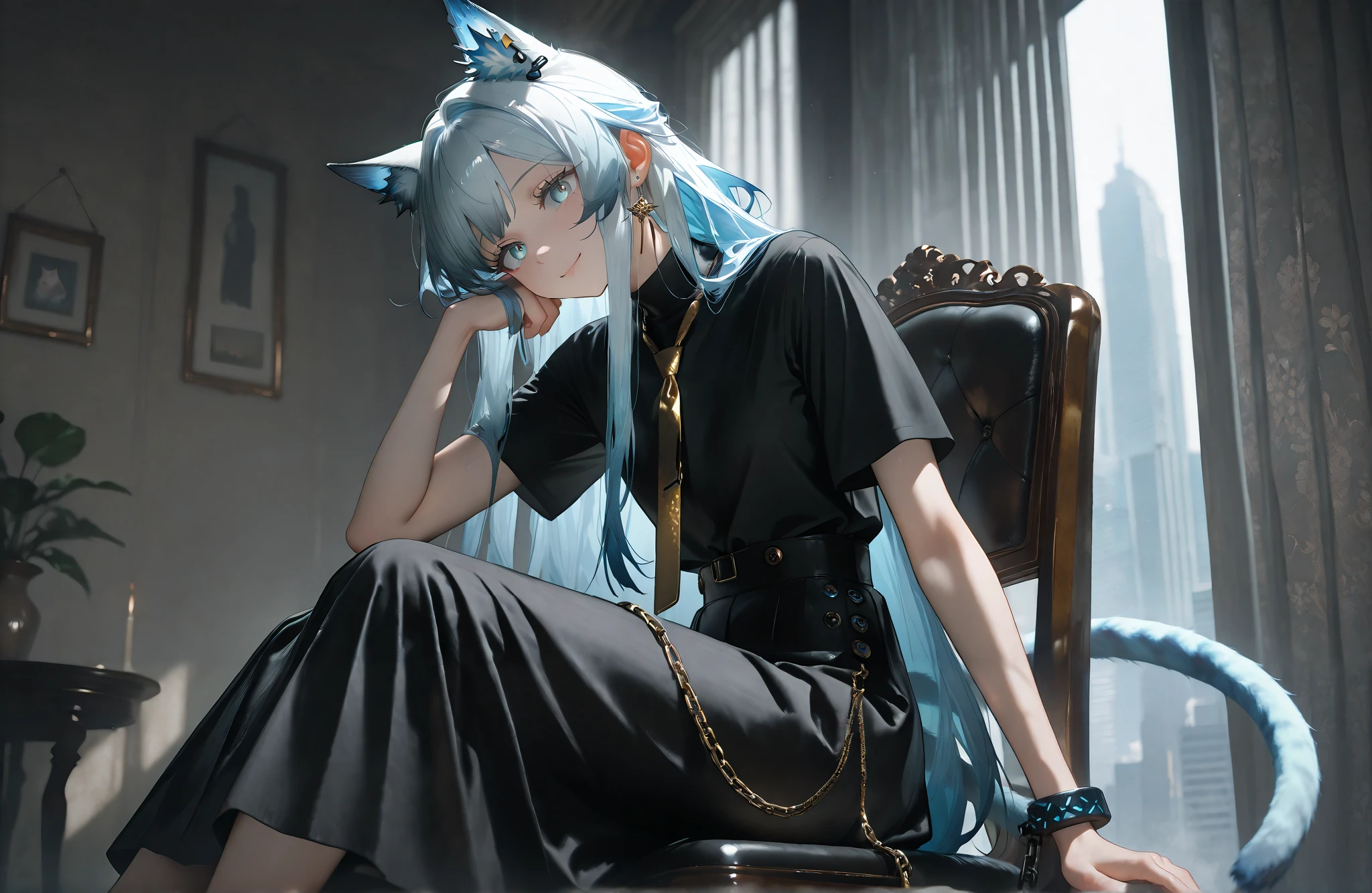 ((Alone)),((alone)),,1female,sitting on a chair,((The entrance to the skyscraper))),Beautiful light,,(face focus:1.5),((((black shirt,Gold tie,,,black long skirt,chain accessory)))),Stylish pose。,(( model pose)),,,((smile)),((rosmontis)),((rosmontis_\(arknights\))), rosmontis_\(arknights\)。 light blue hair color,Cat ears,cat tail。Light Blue Eyes。 flat chest,,, (((hair down))),((super long bangs)),(((straight longhair))),((tall and well-trained body))),,(((earring))),,,,, ,,photorealistic background, best quality, great quality, very beautiful, (masterpiece, best quality, employment:1.1), (like the movie, ambient occlusion :1.3),(illustration for both eyes:1.1),(Perfect Details:1.1), (8k yen, wallpaper,masterpiece,high resolution,top quality,top quality real texture Skin, Surreal,), (increase resolution, rаw photo ,,very well detailed,wallpaper,like the movie lighting,ray tracing getting creampied,golden ratio\),