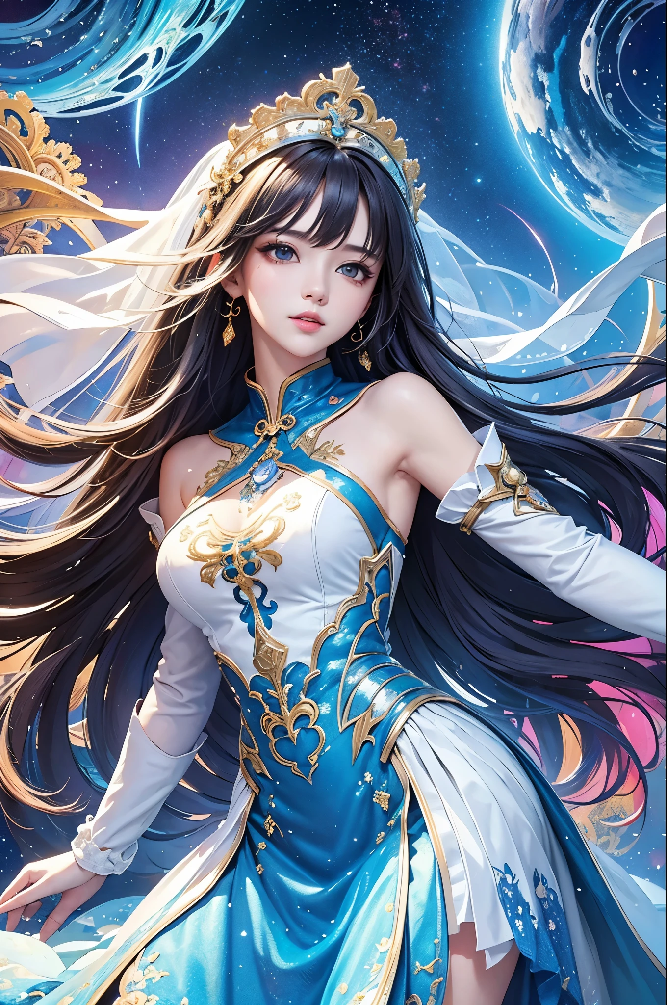 (masterpiece、top-quality、top-quality、Official art、Beautifully Aesthetic:1.2)、(1girl in)、ighly detailed、(Fractal Art:1.3)、colourfull、highestdetailed、dynamic compositions、Poses in motion, thunder theme, galaxy