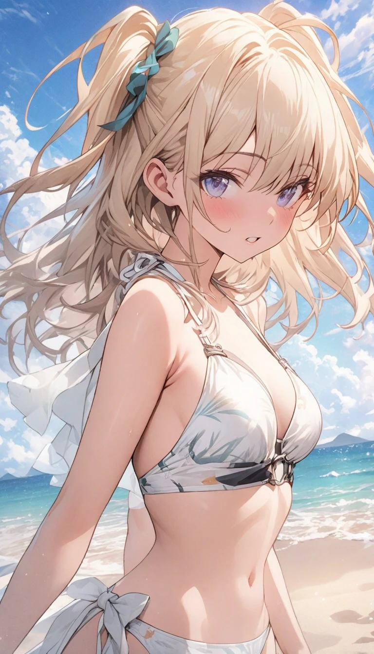 Hoshikawa Sara、Good looking girl (blush, Perfect Face), independent , Looking at the camera, masterpiece, Anime art style, Cute Characters, Most detailed, high quality、Nico Nico Smile、Swimwear、Coming to the sea、Showing armpits、Side Ponytail
