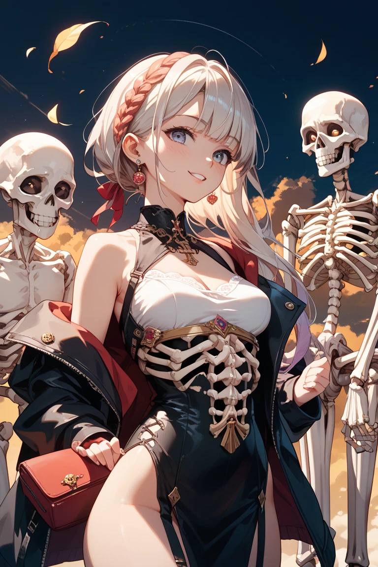 3d anime , Full body view for legs, RT by Cameron Gray Epic Poster, Girl-monster creature sits on a pile of bones and skulls watercolor painting, Jean-Baptiste Monge style, Ablaze, beautiful in spring, splash, big perfect eyes, Rim lighting, lights, Magic, fancy, digitl art, WLOP, artgerm and james jean, uncanny