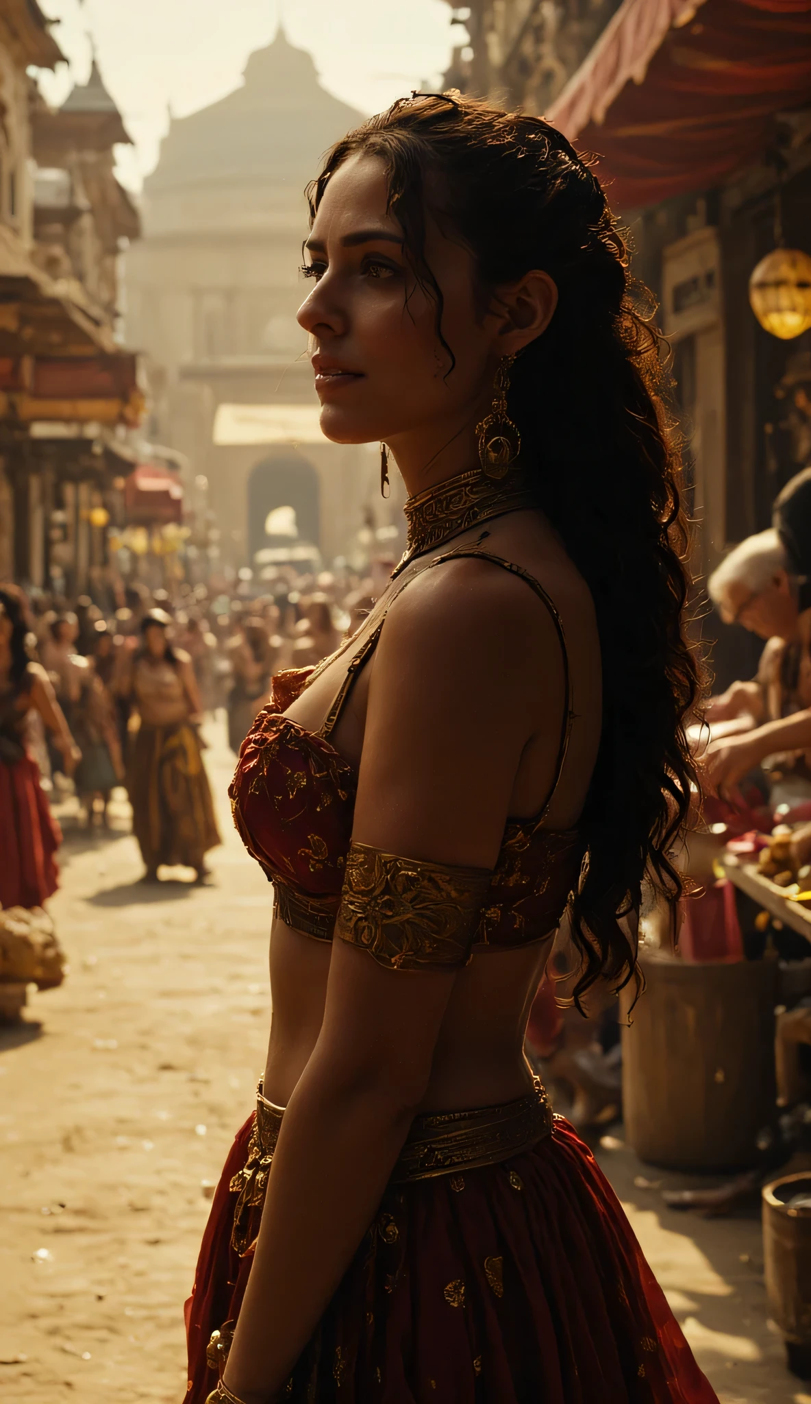 Rome women, sexy fantasy, rome costume, standing in rome market, fan art, fantasy, cinema art, film work, cinematic look, warm filter, ancient life, historical, background in market, dusty, curly hair women, view in navel side