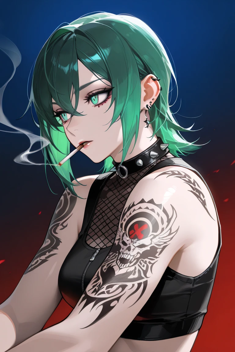 masterpiece, best quality, amazing quality, newest, very aesthetic, 1girl,Image is a digital illustration featuring a stylized portrait of a woman with a punk aesthetic. She has short, vibrant green hair with a shaved side, and her skin is pale. Her facial features are sharp and defined, with a focused expression as she smokes a cigarette. The woman is adorned with multiple tattoos, including a prominent '13' on her arm and various designs on her neck and shoulders. She wears a white, sleeveless crop top, revealing her tattoos and toned physique. The background is a gradient of dark red and blue, adding depth to the composition. The overall style is bold and dynamic, with a mix of realism and artistic exaggeration, capturing a rebellious and edgy vibe.