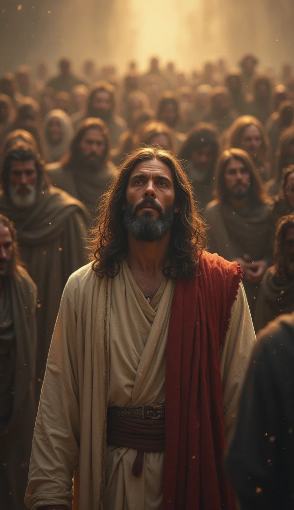 jesus is surrounded by a group of men in a dark room, by Adam Marczyński, jesus christ, 8 k movie still, he has eyes of fire, 4k post, fire behind him, 4 k post, jesus of nazareth, the lord and savior, biblical epic movie, jesus face, by Aleksander Kobzdej