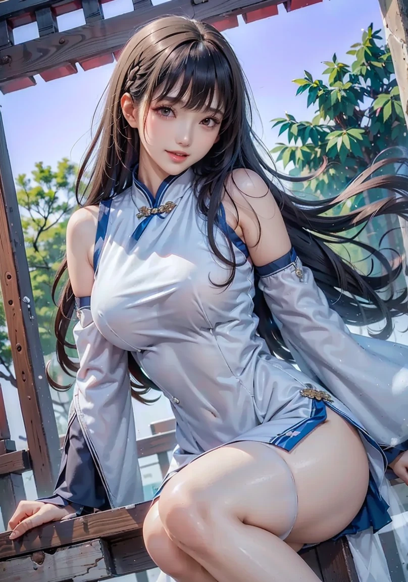((masutepiece, Best Quality, hight resolution, nffsw, Perfect Pixel, 4K, nffsw, nffsw))), 1girl in, Single, Solo, Beautie、full body seen、 ((Middle Wave Hair, Bangs, Brown hair)), ((Brown-eyed, Beautiful eyelashes, Realistic eyes)), ((Detailed face, Blushing:1.2)), ((Smooth texture:0.75, Realistic texture:0.65, Photorealistic:1.1, Anime CG style)), large full breasts, Dynamic Angle, Perfect body, ((English Made、Ruffled Headband、frilled blouse、Ribbon Ties、White apron、Dark blue mini skirt、silk socks、high-heels)), City staircase、Looking up from the bottom of the stairs、Very embarrassing panic smile, turned around、bending forward、((The wind flipped my skirt and exposed my butt...................、Looking back、Touching the buttocks with both hands、Pink lace panties))、