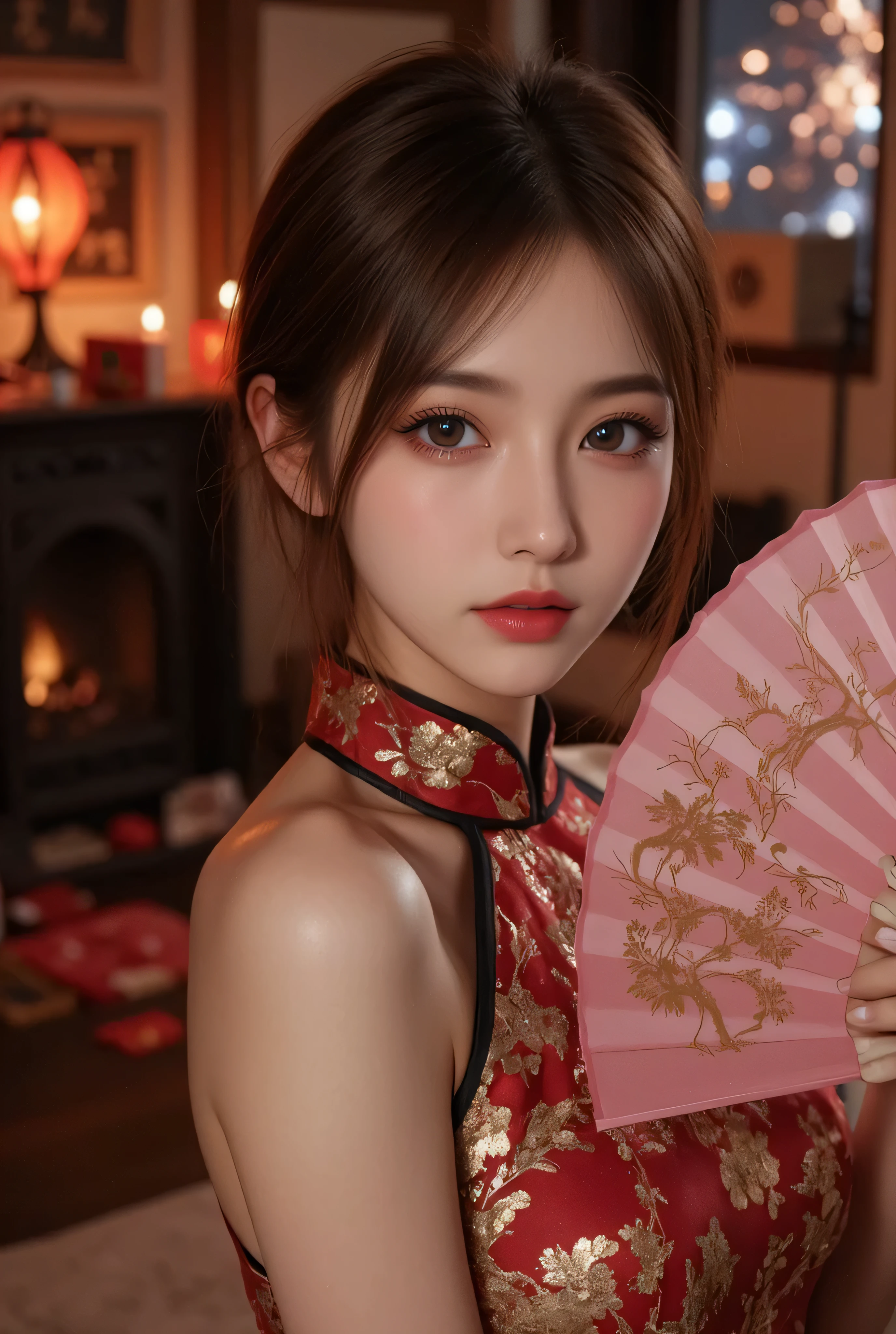 Cat ears、 face up, attractive, pretty girl, ponytail、 (( fine facial features , eroticism)), dramatic lighting , realistic , 8k, Dramatic Shadows , intricate and elaborate patterns , super detailed photo , chiaroscuro lighting , Pleasant colors , deep contrast , super real 、 pink lipstick、 warm room、Vintage Fireplace 、 cinematic composition、Close-up of face, pretty half part transparent open shoulder loose outfits dress, tang style, A beautiful Korean idol wearing a one piece red- black tightly cheongsam with phoenix and intricate floral golden embroidery, golden and silver outline on dress, hand hold pink feathers transparent Chinese fan with golden ink painting of bird and tree , standing gracefully in a room filled with traditional Chinese New Year decorations. The room features vibrant red lanterns, decorative calligraphy scrolls, a small Chinese orange tree with golden ornaments, and several red envelopes scattered across the floor and hanging from the tree. Adorable, playful cats are part of the scene—some sitting near the tree, others curiously pawing at the red envelopes or lounging around. Through a window or an open door in the background, vibrant Chinese fireworks light up the night sky in an array of reds, golds, and blues, casting a magical glow into the room. The idol’s outfit is paired with subtle accessories like red hairpins or earrings, complementing the festive look. The atmosphere is warm and lively, filled with the joyful essence of the celebration, enhanced by the shimmering lights of the fireworks and the lively decor. 1girl, pretty, cute. Beautiful, magic lights, high scores,