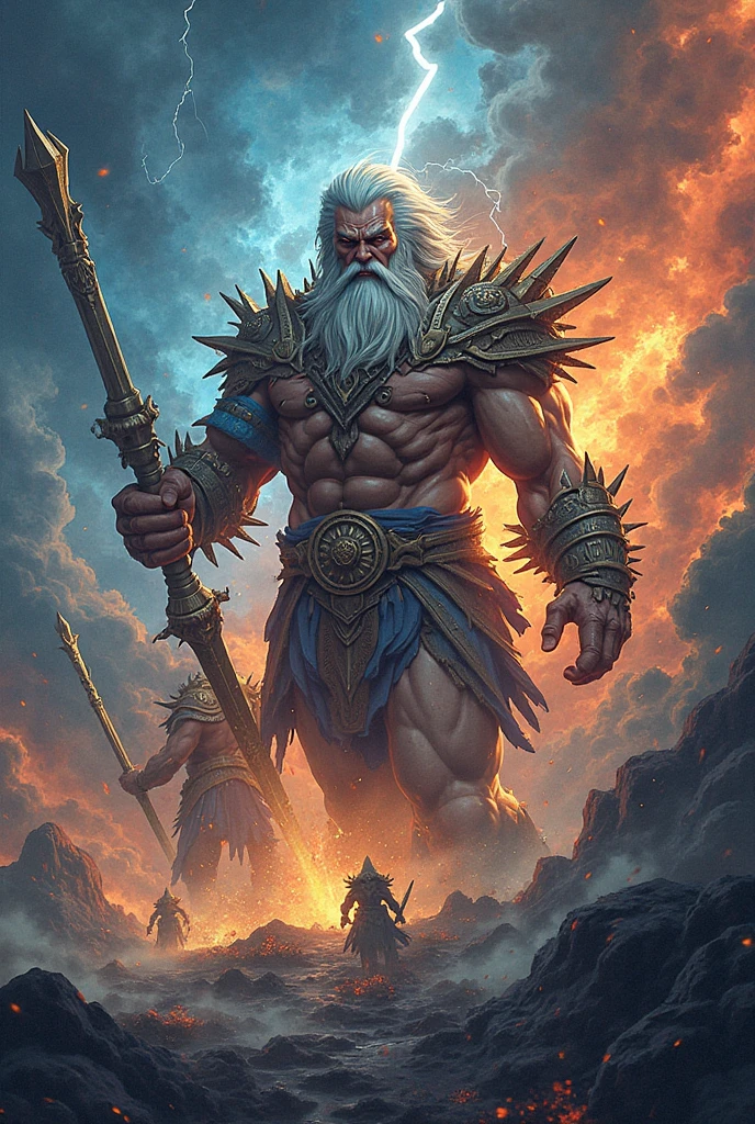 Muscular old man with glowing veins surrounded by lightning bolts and flaming hair, with powers of the sun wielding a giant axe and holding a thunderbolt, with Mitca war clothes in anime format