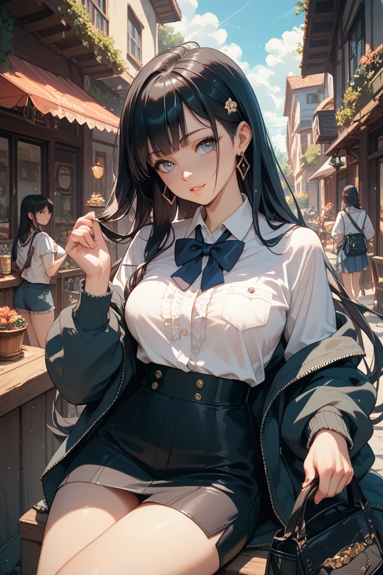 ((best qualityer), (hyperrealisti), mh-yk, Occupation: college student. Appearance: A slender young woman with long black hair styled in twintails. she has fair skin, striking features and intense dark eyes that convey intelligence and focus. Her outfit consists of a white blouse, black vest e plaid hip skirt, highlighting university uniform Clothing: white blouse, black vest, plaid hip skirt (schoolar uniform) funny scene, eating ice cream cone in the park and spills it on his shirt, confused expression.