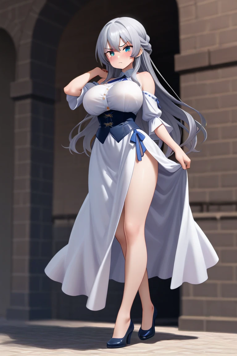 A sexy woman with big breasts with wolf ears white hair blue eyes top hairy tail white fagot with a black bow ribbon