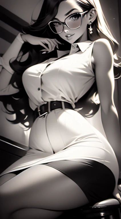 Average 20yr old girl, brunette, detailed, toned body, simple, Noir et blanc, monochrome, looking at viewer, plain looking, glasses, wearing nylons, legs spread