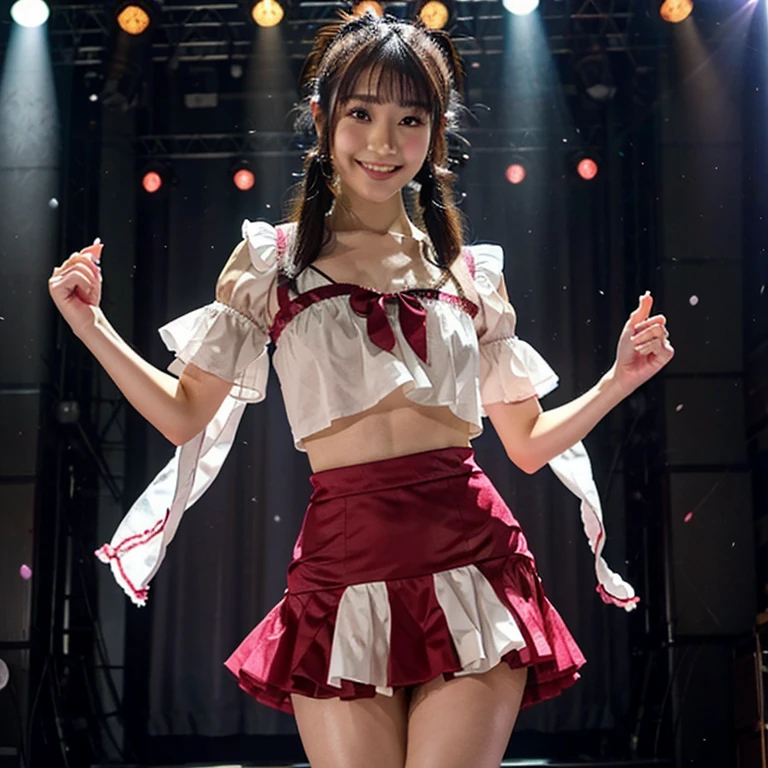 An idol in a frilly, sexy costume shows off her nipples on stage with her legs spread in an M shape and creampies her pussy