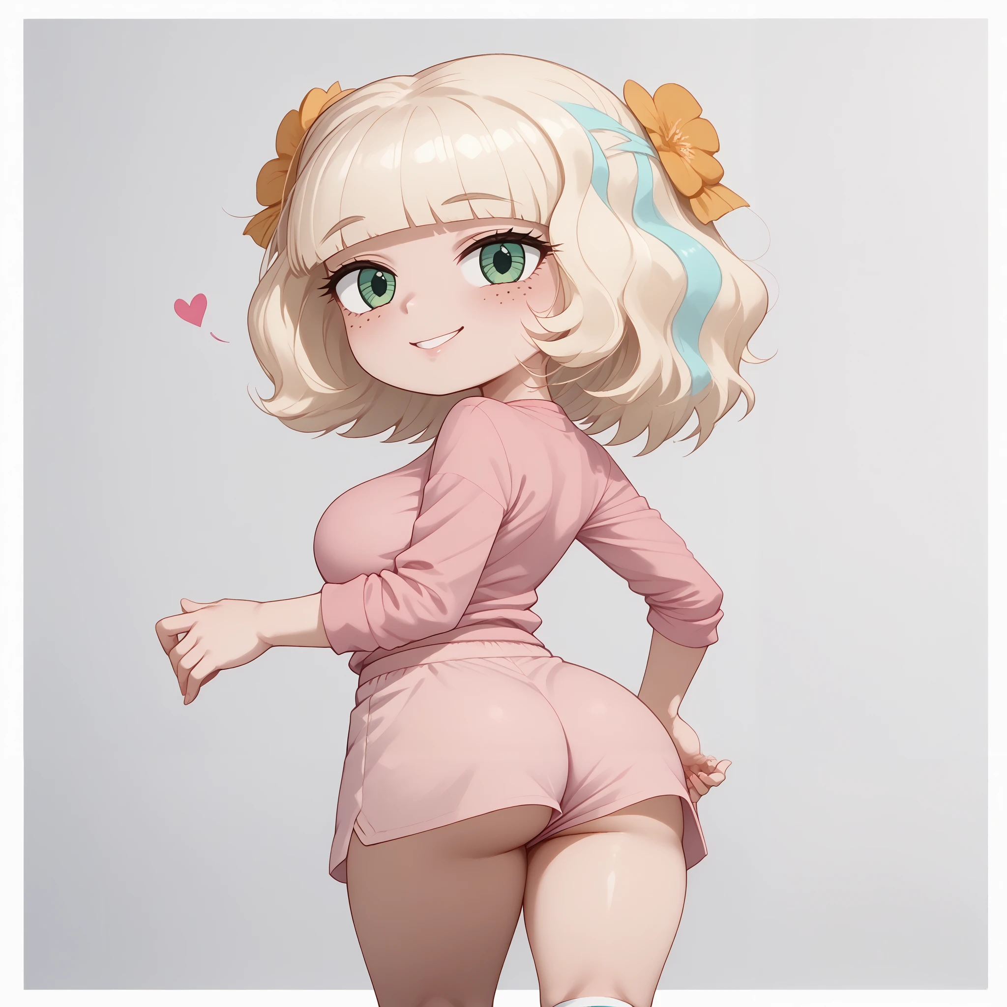 highly detailed skin texture, finely detailed hair, perfect face, perfect body, perfect hair, perfect anatomy, portrait, dynamic angle, wide view, wide-angle lens,, extremely detailed, CG, 8k Amazing, finely detail)), (intricate details, depth of field), 8k UHD, (masterpiece, best quality),(amazing quality,very aesthetic,absurdres,best quality,newest, masterpiece)), ultra detailed, best quality, beautiful face, perfect anatomy, anatomically correct, athletic sexy body, Expressiveh, (cute face, cute body))), (((Jackie Lynn Thomas,1girl,solo,short hair,blonde hair,shirt,long sleeves,green eyes,white shirt,shorts,medium hair,kneehighs,freckles,blue tight shorts,raglan sleeves, high wasted thong), cowboy shot, bursting breasts))), ((large breasts, slim sexy body, curvy hips, seductive pose, flirting, naughty face, blush)), (((looking at viewer, happy smile, joy, cowboy shot, dynamic pose)))), curvy, toned, athletic, standing, arms up, (((seductive pose, sexy pose, cowboy pose)), indoors,((hourglass figure)), ((pinup pose, seductive pose,dynamic pose, seductive), ((precise face and eyes:1)) 
