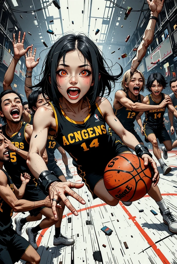 basketball game, scramble for the ball,100 players colliding with each other, Other players attack,clingy, Seize each other,dynamic composition,A picture with a sense of speed, anime style, manga style,