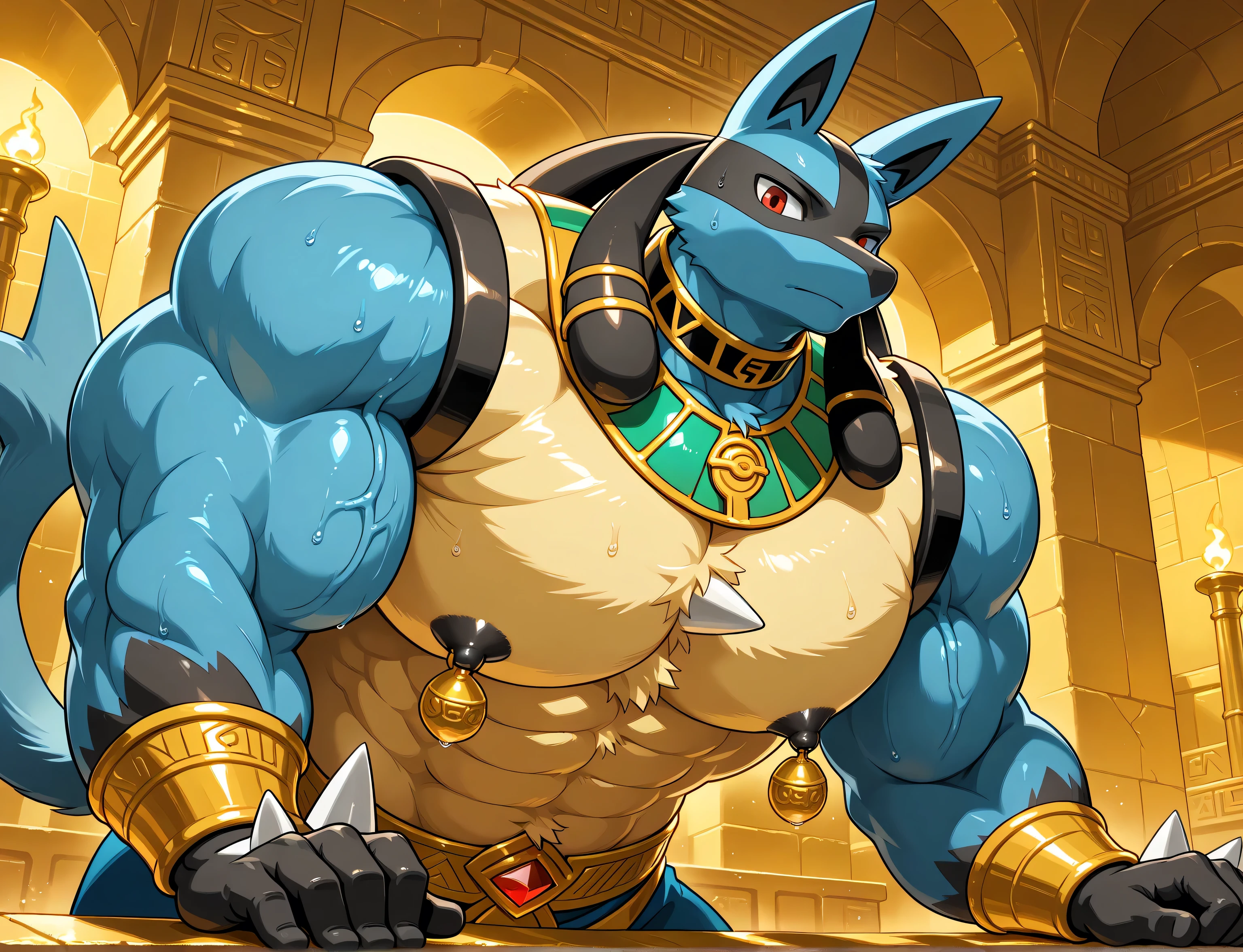 detailed background, low view, egypt, leaning forward on viewer, front view, close up, solo, score_9_up,score_8_up,score_7_up,score_6_up,score_5_up,score_4_up, BREAK kemono, bara, furry, 1boy, anthro, Lucario, Blue Fur, Chest Spike, Red Eyes, yellow chest fur with thicker patches on the collar, Spike on Hands, Two tone fur, Egyptian necklace, jewelry, huge muscular, huge arms, macro, broad shoulders, male, black collar on neck, tail, male, posing, bedroom eyes, stoic, sweaty, looking at viewer, huge black nipples, huge gold nipple rings, looking at viewer, upper body shot