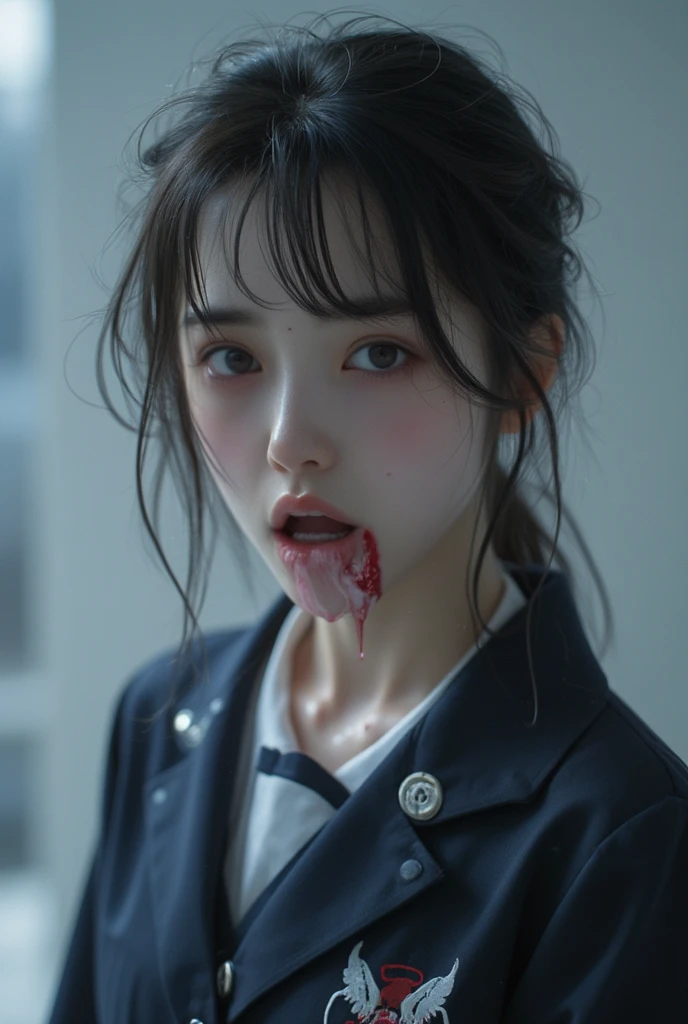 （8K,top-quality、​masterpiece:1.2)、[(Rosy background:1.5),::5] isometric、（Shocking,;;1.8)、（Red liquid effect,;;1.5)、（Splattering red liquid,;;1.5)、Bruises on the body、（Front Focus）、（realisitic、Photorealsitic:1.6)、ultra-detailliert、女の子1人、18year old、cute little、Beautiful fece、动态照明、portraitures、profetional lighting、high-school uniform、Fine and beautiful eyes、Eyes open、Open mouth、light skinned、From the top of the head to the knees、front facing、feeling of despair