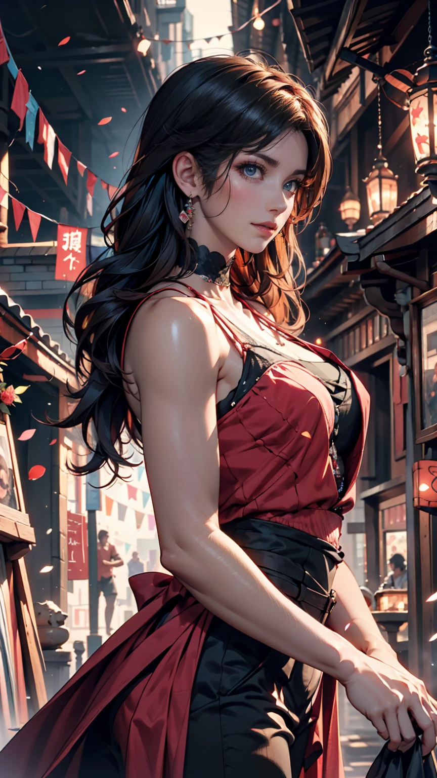 A 23-year-old white woman with unparalleled beauty、blue eyes、Dark Blonde、Hair is wavy、long hair、The ends of the hair are curled upwards、She wears a red belly dance costume with lots of decorations.、smile、Wearing a choker made of black lace、Completely naked、Slender, muscular body with big breasts and well-proportioned muscle mass、Six-pack、dancing lively、A blizzard of flowers is occurring、art deco background、barefoot、Wear an anklet