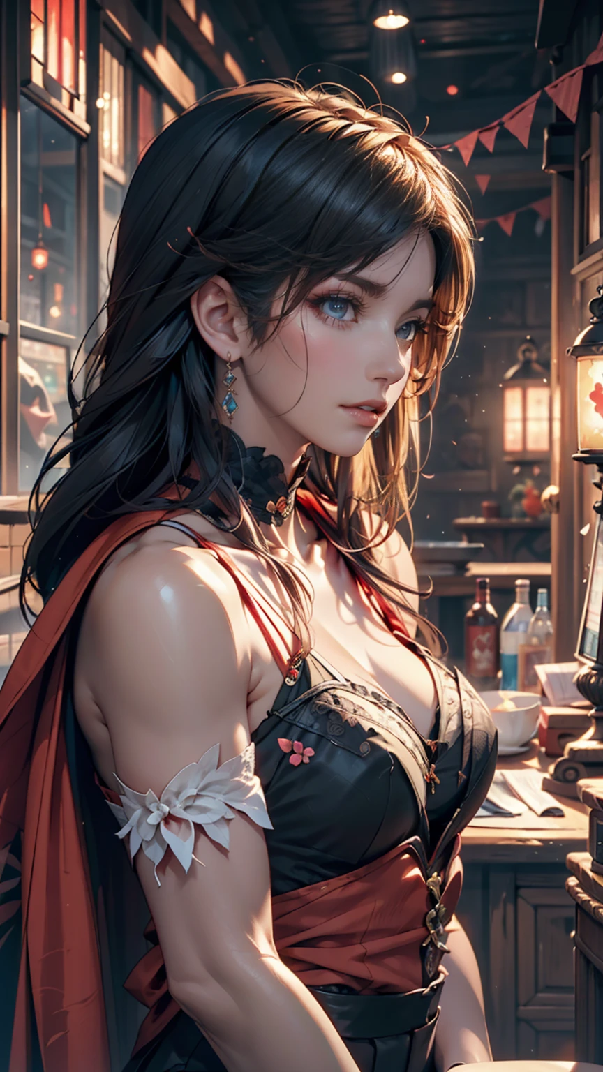 (photo of female citizen:1.3) 1girl, solo, small breasts, looking at viewer, smile, hair ornament, cleavage, dress, bare shoulders, jewelry, collarbone, upper body, red hair, flower, teeth, solo focus, hair flower, necklace, blurry, strapless, tattoo, depth of field, blurry background, (realistic:1.3) crowd, (in a medieval tavern:1.1), 8k, cinematic, fantasy