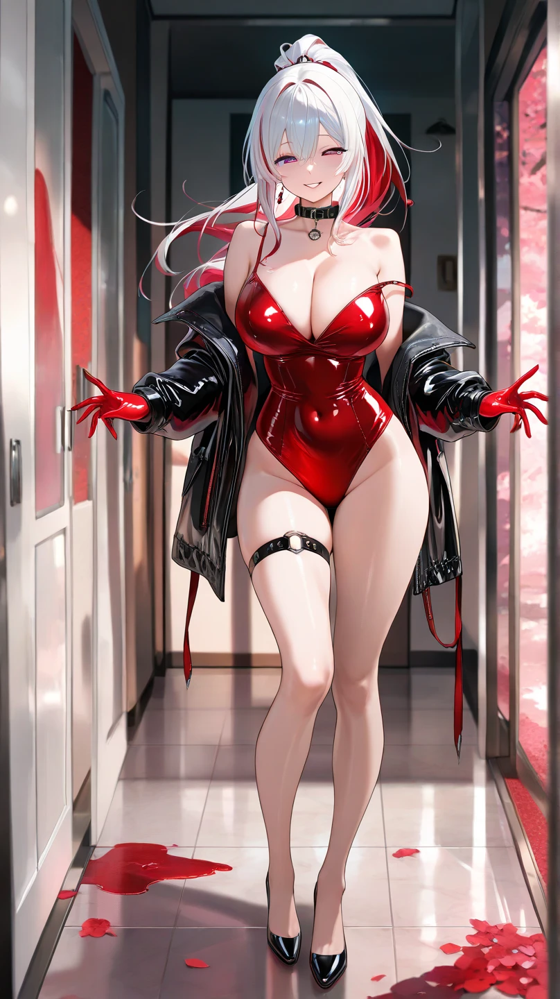 dark fantasy anime illustration of a (mature MILF BIMBO albino skin and short white hair), (FULL BODY) perfect face, wearing tight leather stealth armor, stalking, BIG KNOCKERS CLEAVAGE, lustful smirking smile red blush red cheeks, chain leash, kneeling, shackles, leather black collar slave, ((BLACK background)) 1solo female with 2 hands on glass, glass window fog water drop, metal handcuffs, black choker collar, thigh highs, long legs, metal ankle, metal sandals, metal shoulders, standing straight symmetrical against glass