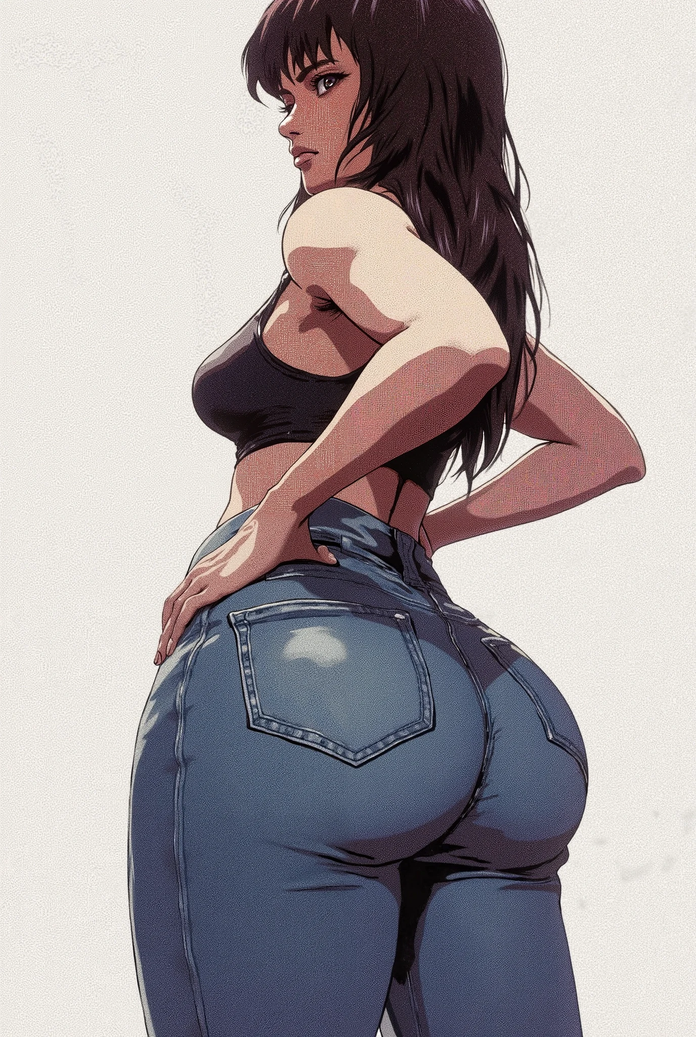  high quality,   perfect lighting , cara detallada,  detailed body,  a girl, Alone ,  ( skinny jeans), standing , Also, ((Also))  round shape :1.2,  big breast,  thick thighs,  wide hips ,  narrow waist , Desde atrás