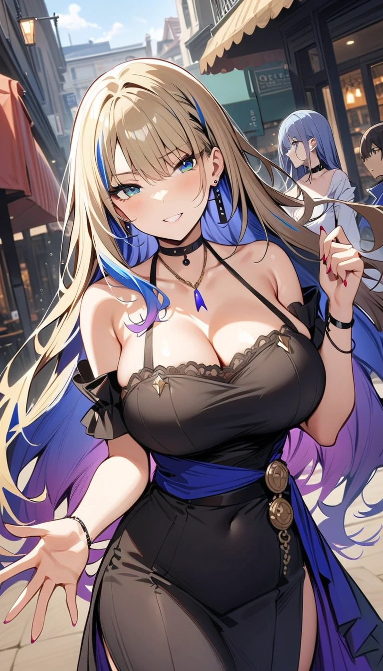 Medium shot photograph of a blonde girl getting wet in the rain, translucent blue dress, ((huge big breasts)), (rain: 1.5)), (wet face), (wet body), detailed skin, ((medium_hair)), ((white hair)), hair multicolored, ((heterochromia eyes blue_pink)), ((arms behind head pose)), (background street to city), 64k, UHD, HDR, ((high quality)), masterpiece, ((intricate details)), (cover:1.5), majestic, 2d anime, style anime