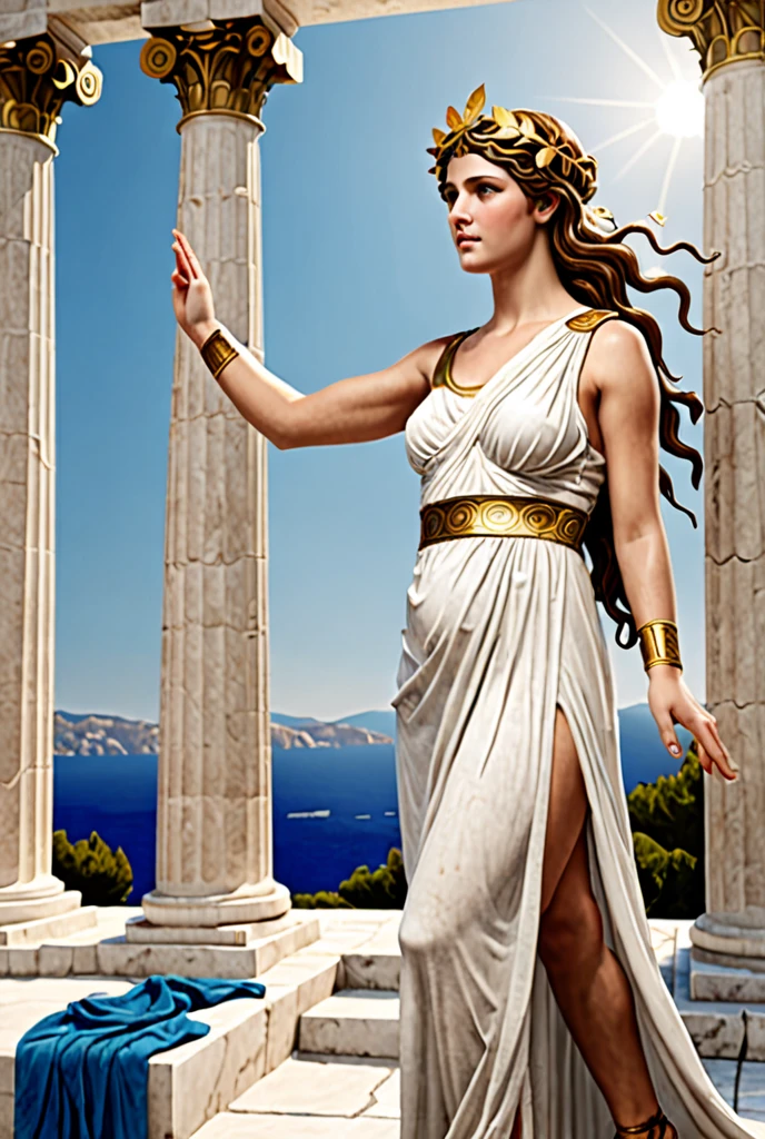 (8k, Highest quality, masterpiece),(Realistic, RAW Photos, Super Fine Clear), Realistic Light, mural, Beautiful Girl Mosaic, Beautiful mosaics, constellation, moon, Detailed Description, ((Greek Mythology, Nike, The body is slim, Waistline, A large, swaying bust, Fascinating, Vibrant, Ancient Greek Costume, Eat a donut in your hand))