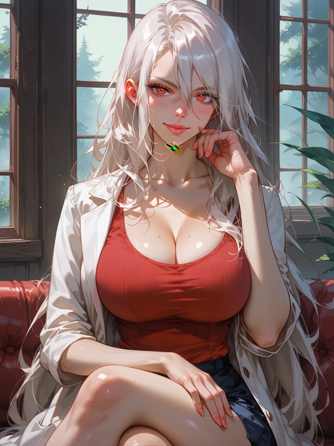 masterpiece, best quality, absurdres, perfect antomy, indoors, (Kyouka Uzen), silver hair, horns, bra, breasts, cleavage, collarbone, long sleeves, looking at viewer, navel, open clothes, open shirt, skirt, shirt, blush, open mouth <lora:KyoukaUzen:0.9>