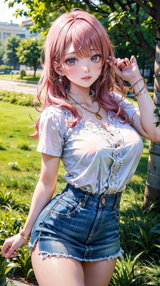 (Masterpiece, BestQuality:1.3), (ultra detailed:1.2), (hyperrealistic:1.3), (RAW photo:1.2), High detail RAW color photo, professional photograph, (Photorealistic:1.4), (realistic:1.4), (Pink Hair:1.5), professional lighting, perfect anatomy, (Big Breasts:1.2), (blush, detailed face), (A happy smile:1.7), sexly, erotic sexly, Random sexy gravure poses, (White frill blouse and blue denim skirt、And the girl wearing、Having fun in the spring flower field。:1.3)