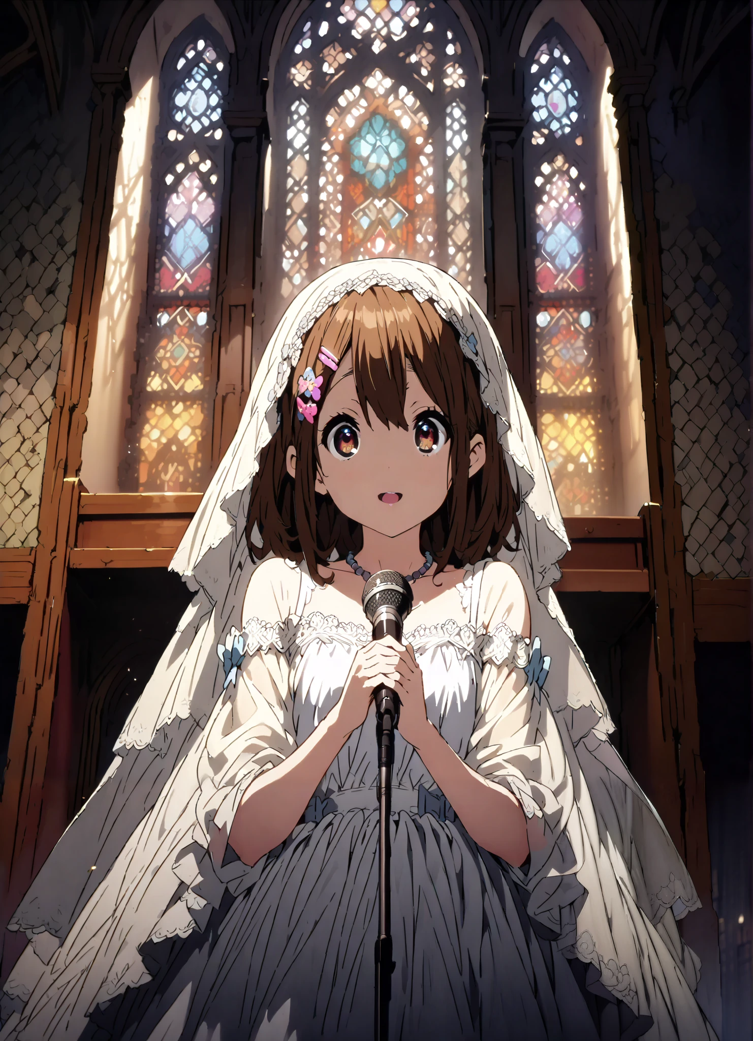 Plane, Plane, brown eyes, brown hair, hair ornament, hair clips, medium hair,Veil,necklace,Off Shoulder Wedding Dress,wedding long skirt,guitar( Gibson Les Paul) , Instrument playing, Stage Performance ,Sing in front of the microphone, Play in front of the microphone,is standing,smile,cover,open your mouth wide,stained glass,full bodyがillustrationsに入るように,break indoors,Chapel,church,
break looking at viewer,full body,
break (masterpiece:1.2), Highest quality, high resolution, Unity 8k 壁紙, (illustrations:0.8), (beautiful detailed eyes:1.6), very detailed face, so that it fits into the illustration, extremely detailed CG,(perfect hand, perfect anatomy),