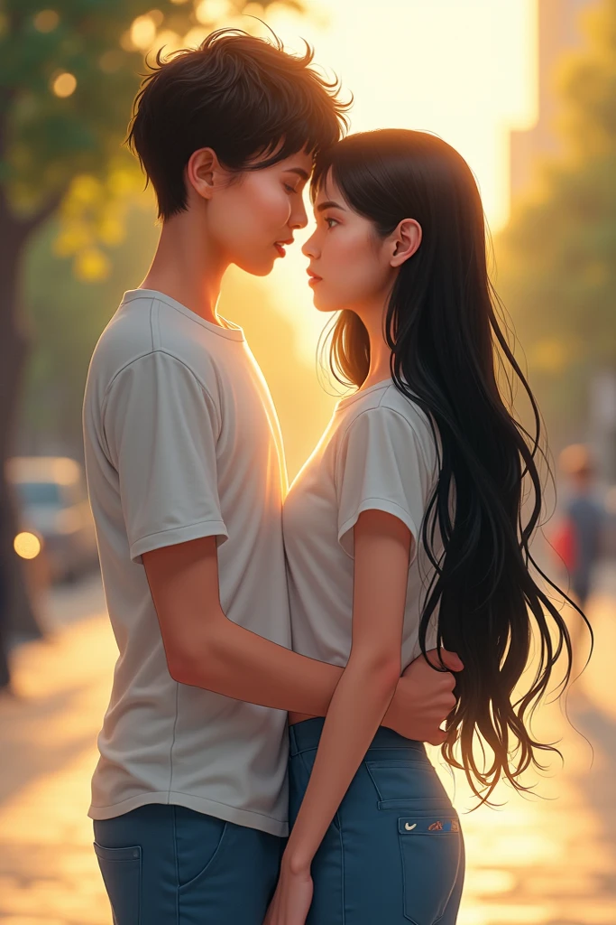 Korean 15 year old girl standing on a street, long smooth hairs, narrow waist, wearing a pink coloured tank top and blue shorts, and getting a back hug by a 19 year old boy and he's wearing black shirt and blue jeans and he doesn't have beards
