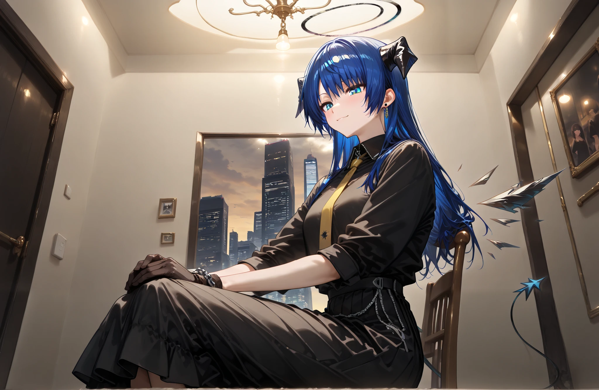 ,((Mostima)),((Mostima_\(arknights\))), Mostima_\(arknights\)。
Mostima,longhair,Mostima Horn, black halo from below ,Mostima,Mostima,gloves,Mostima,
,,,,,,,,,,,,,,,,,,((solo)),((alone)),,1female,chair hugging me,((The entrance to the skyscraper))),Beautiful light,,(face focus:1.5),((((black shirt,Gold tie,,,Black Long Skirt,chain accessory)))),Stylish pose。Side angle,((model pose)),,,,,,,,,,,,,,((smile)),,,,,,,,,,,((tall and well-trained body))),,(((earring))),,,,, ,,photorealistic background, best quality, great quality, very beautiful, (masterpiece, best quality, employment:1.1), (like the movie, ambient occlusion :1.3),(illustration for both eyes:1.1),(Perfect Details:1.1), (8k yen, wallpaper,masterpiece,high resolution,top quality,top quality real texture Skin, Surreal,), (increase resolution, rаw photo ,,very well detailed,wallpaper,like the movie lighting,ray tracing getting creampied,golden ratio\),