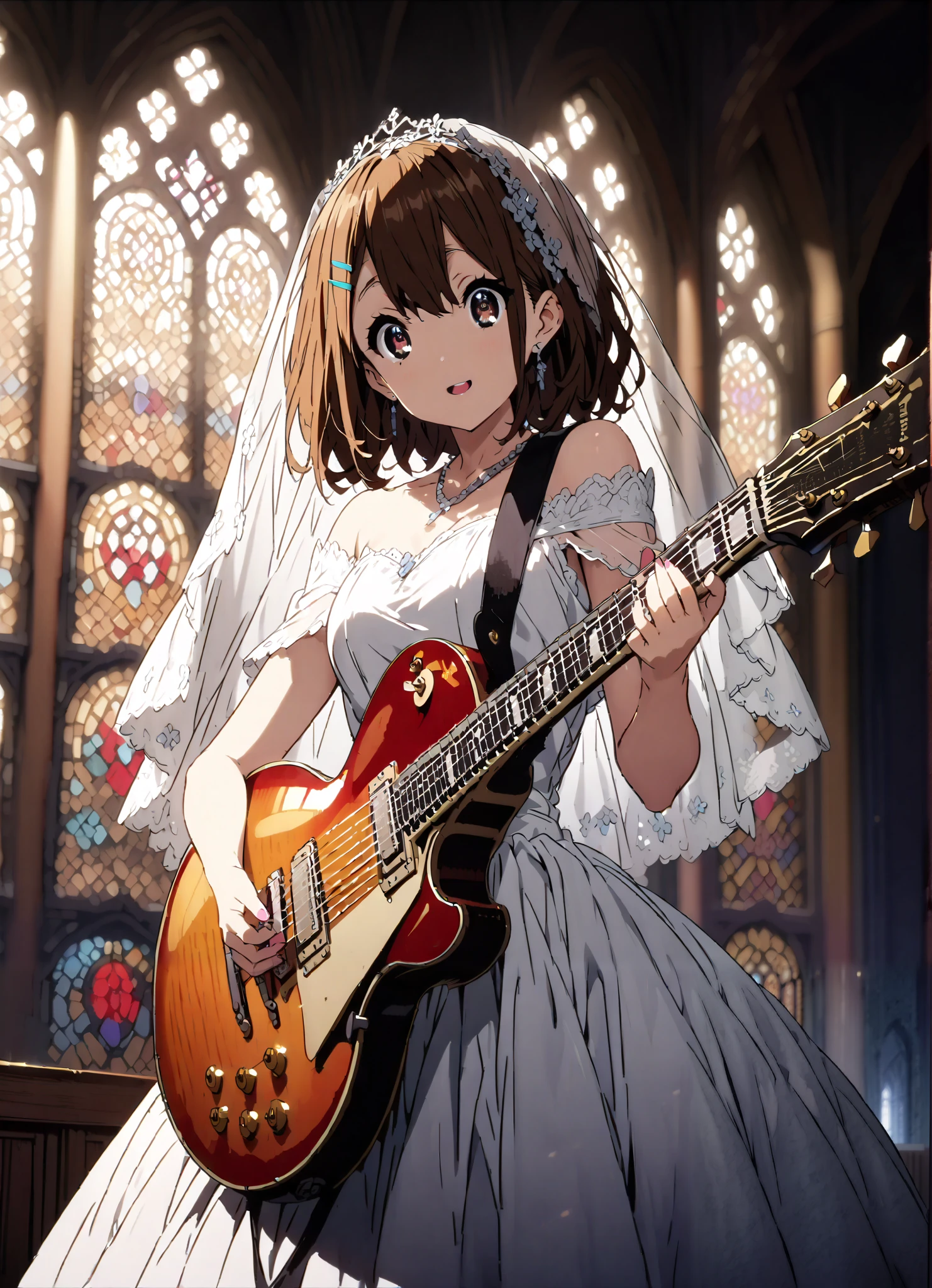 Plane, Plane, brown eyes, brown hair, hair ornament, hair clips, medium hair,Veil,necklace,Off Shoulder Wedding Dress,wedding long skirt,guitar( Gibson Les Paul) , Instrument playing, Stage Performance ,Sing in front of the microphone, Play in front of the microphone,is standing,smile,cover,open your mouth wide,stained glass,full bodyがillustrationsに入るように,break indoors,Chapel,church,
break looking at viewer,full body,
break (masterpiece:1.2), Highest quality, high resolution, Unity 8k 壁紙, (illustrations:0.8), (beautiful detailed eyes:1.6), very detailed face, so that it fits into the illustration, extremely detailed CG,(perfect hand, perfect anatomy),