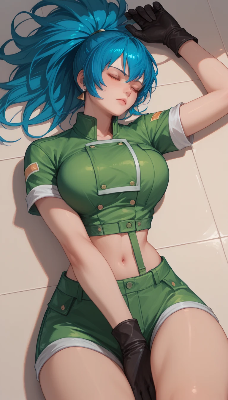 tmasterpiece,, Best quality at best, A high resolution, 1girll, Leona Hydorn, Blue hair, eBlue eyes, pony tails, green shorts, cleavage,hason, Crop top, Black gloves, nedium breasts, army suit, Green jacket, 耳Nipple Ring, jewelry, nabel, musculature, cow boy shot,