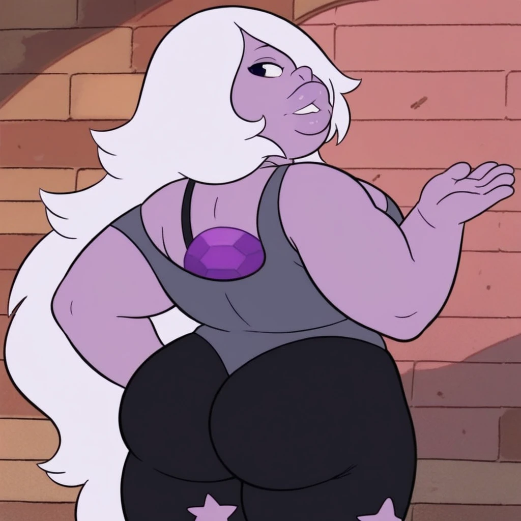 Amethyst,(purple skin:1.2),long white hair,black eyes,gem between collarbone,plump,plump lips,upturned nose.,
grey shirt,sleeveless,off shoulder,open mouth, from below,
standing,upper body,
small home,night,
(insanely detailed, masterpiece, best quality),
smiling,solo,
