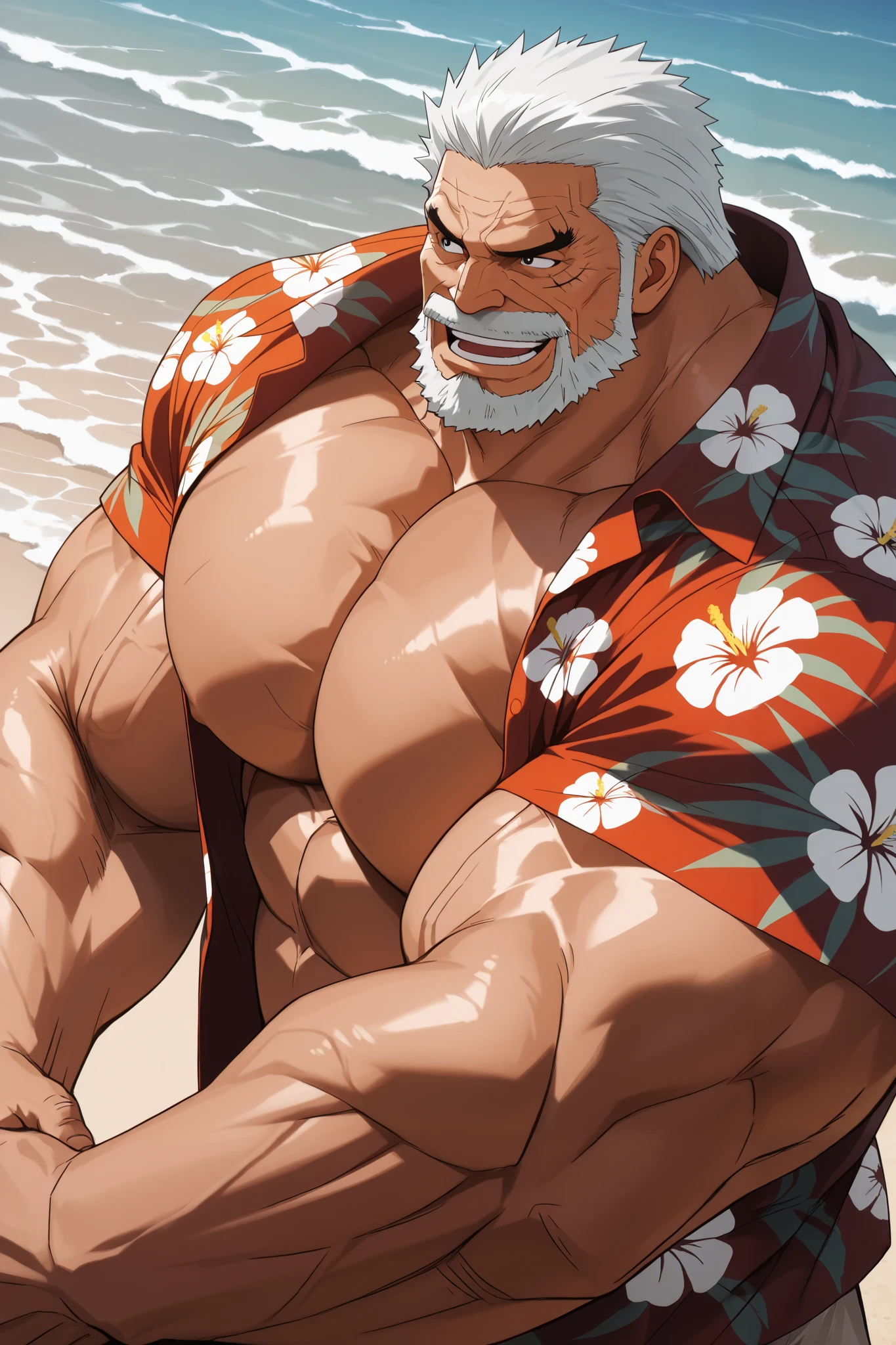 solo, muscular old man, garp, white_Garp_old facial hair, grey_Garp_short hair, black_Garp_scar on face, black_Garp_eyes, happy, beach, side chest, Stand slightly sideways, side angel, Hawaiian shirt, open shirt, very huge pectoral, shorts, detailed face:1.3, eyes, wide shoulder, thick arms, wide pectoral, muscle, short hair:1.2, masterpiece, semirealistic:1.2, high detailed, 8k, high resolution