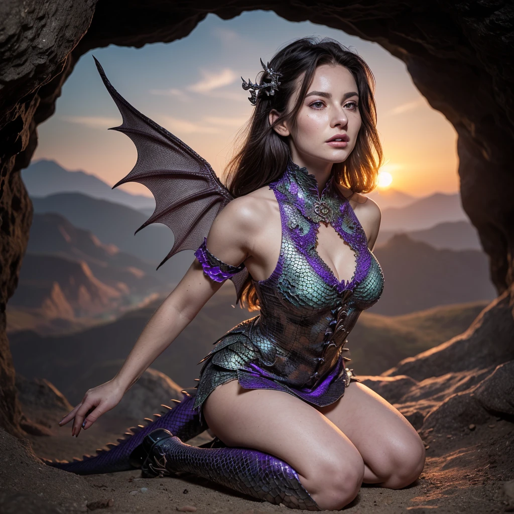 high quality half length portrait,  RAW photo of  european  20yo woman with iridescent dragon wings, a warrior, small breasts,  short dark pink hair, natural pale skin texture, slim legs, greek sandals, flying, hovering, floatig in the air,  jeweled diadem, silver necklace, night, lightning, volcano and mountain background, short depth of field, intricate, elegant, detailed textures, sharp focus, coiled arm band, bracelets, neck chain, silver nail polish, ultra high pixel detail, cinematic, intricate, cinematic light, concept art, art station, realistic, movie scene, cinematic, high quality, craig mullins and wayne barlowe style, full colors, incredibly detailed, 4k, 8k, erotic, gothic, greek clothes